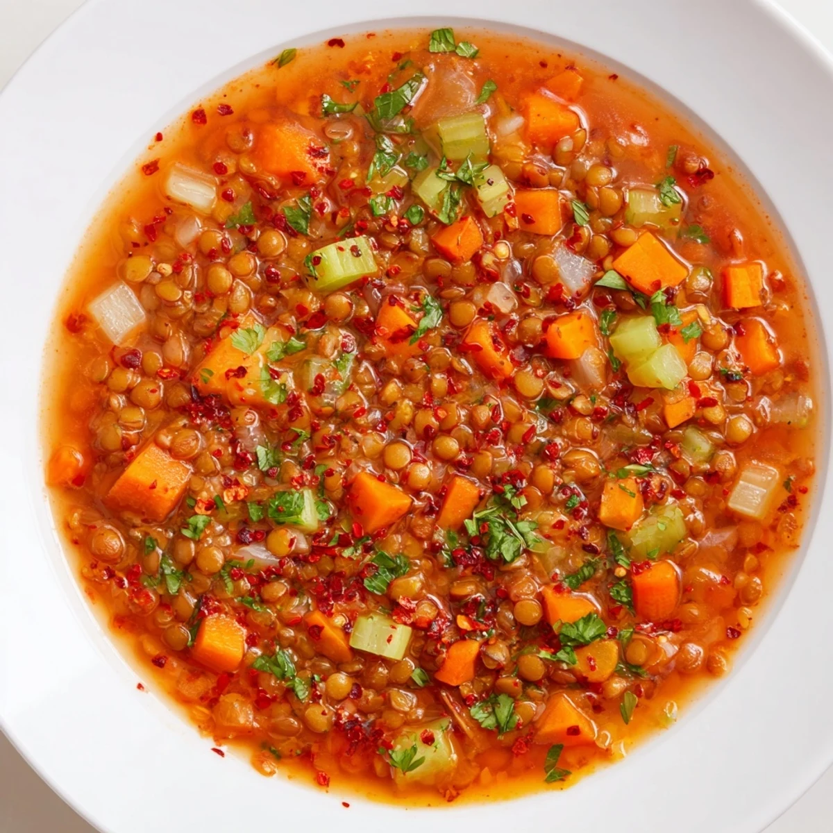 Steaming bowl of Spicy Lentil Soup vibrant with carrots, garnished with fresh cilantro, ready to eat.