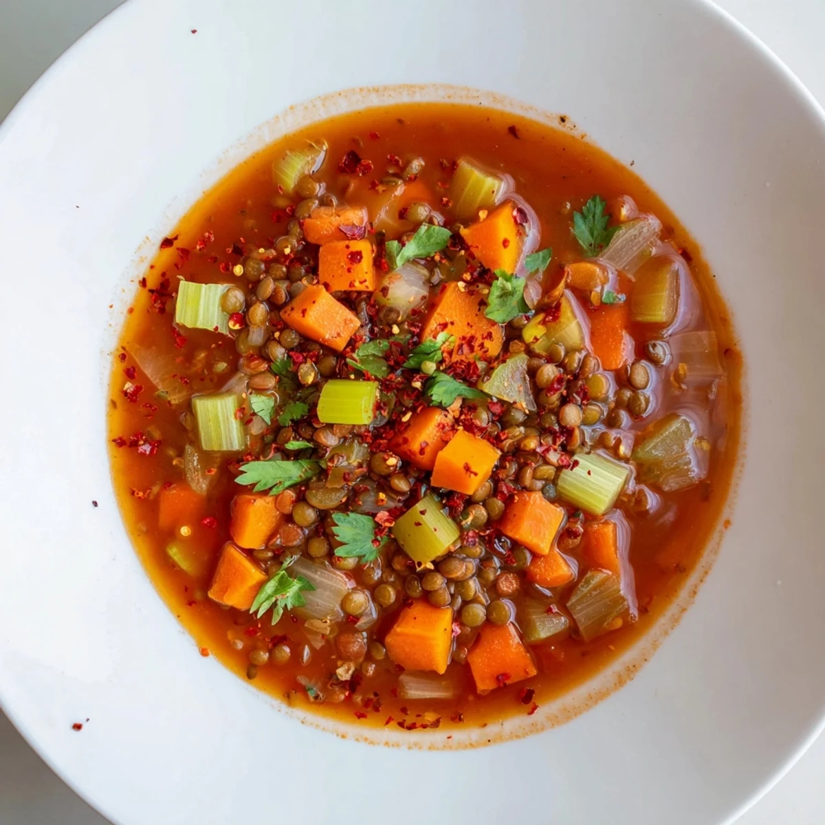 Close-up of a bubbling Spicy Lentil Soup, flecked with spices and vegetables, perfect for cozy comfort.