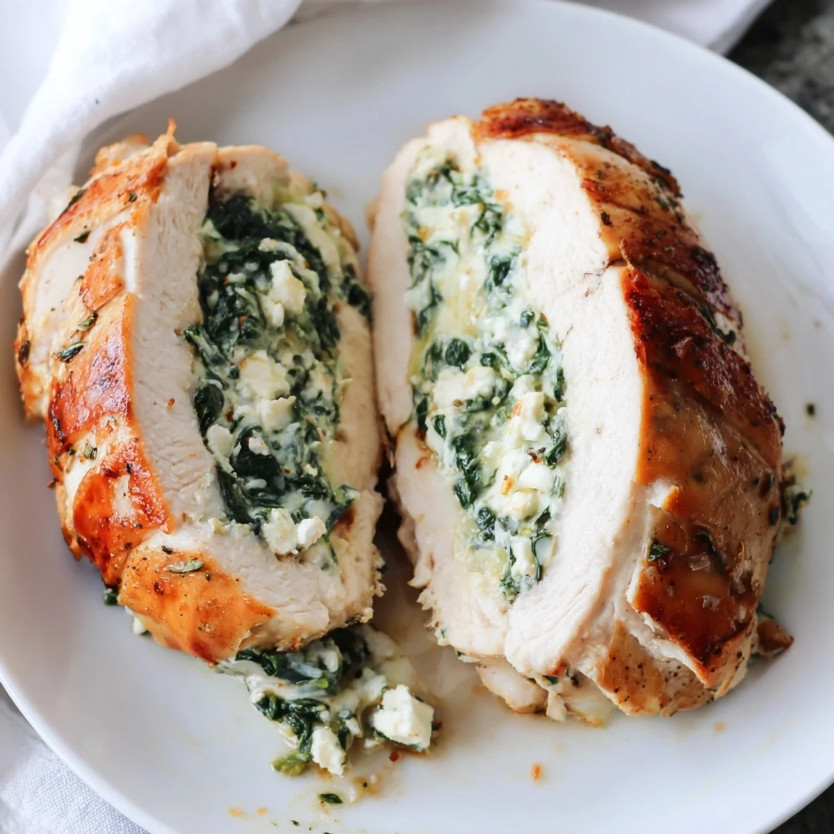 Golden Spinach and Feta Stuffed Chicken Breast, baked to tender perfection, ready to serve with fresh herbs.