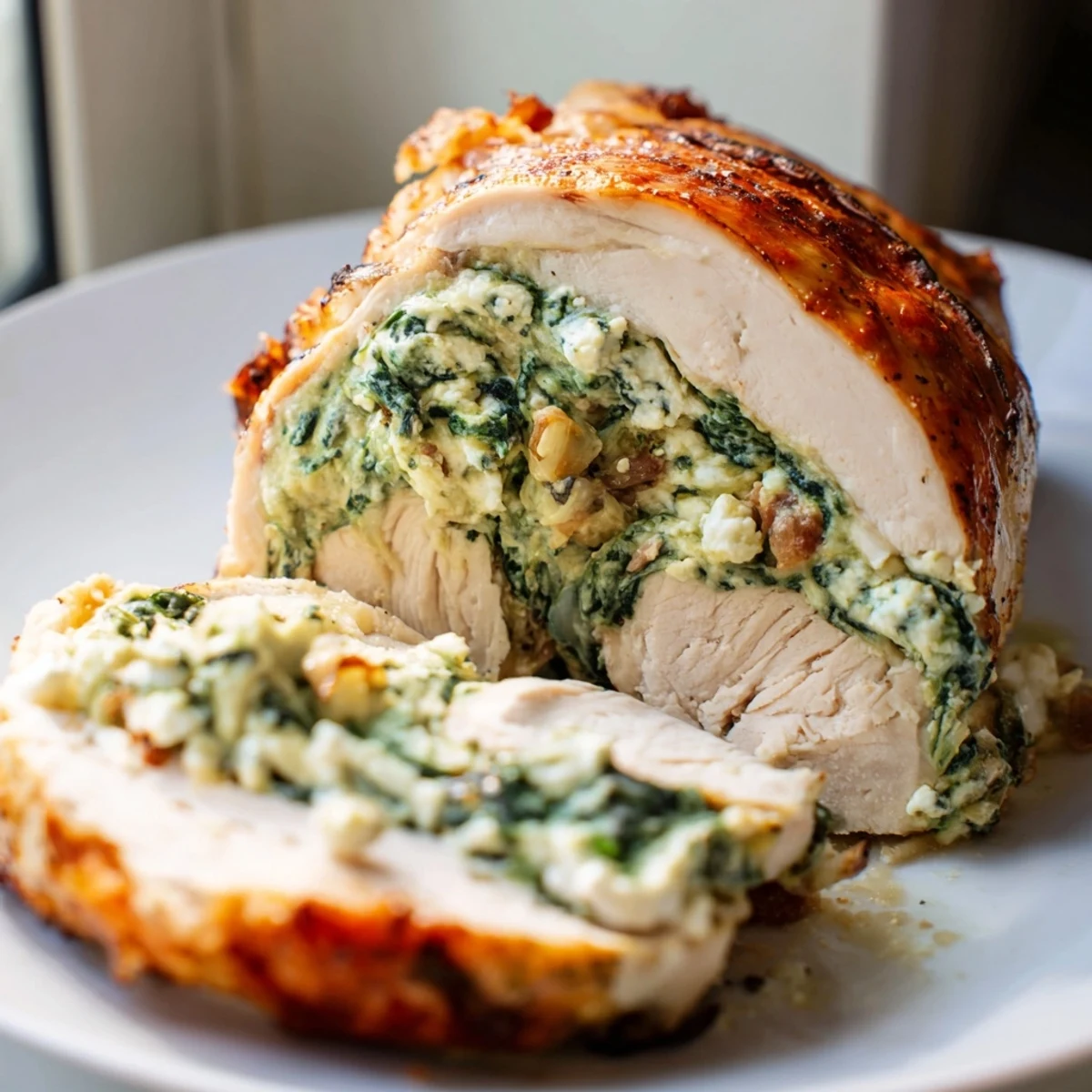 Vibrant Spinach and Feta Stuffed Chicken Breast boasts a creamy feta filling peeking from juicy chicken.