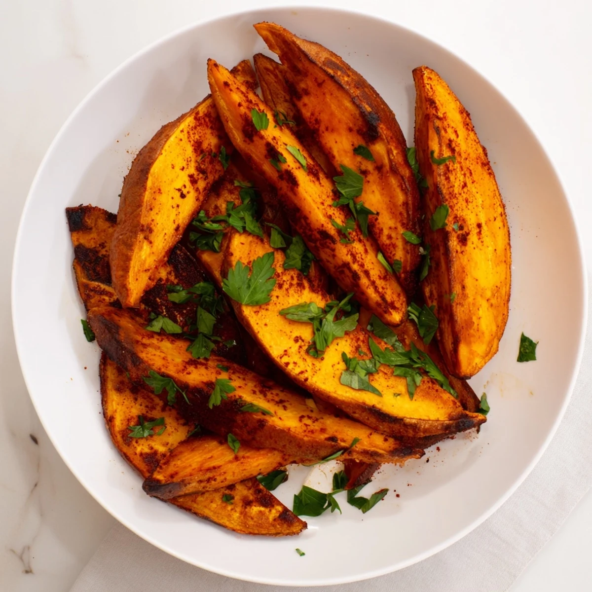 Golden-brown roasted sweet potato wedges, seasoned with paprika, are a flavorful, healthy side.