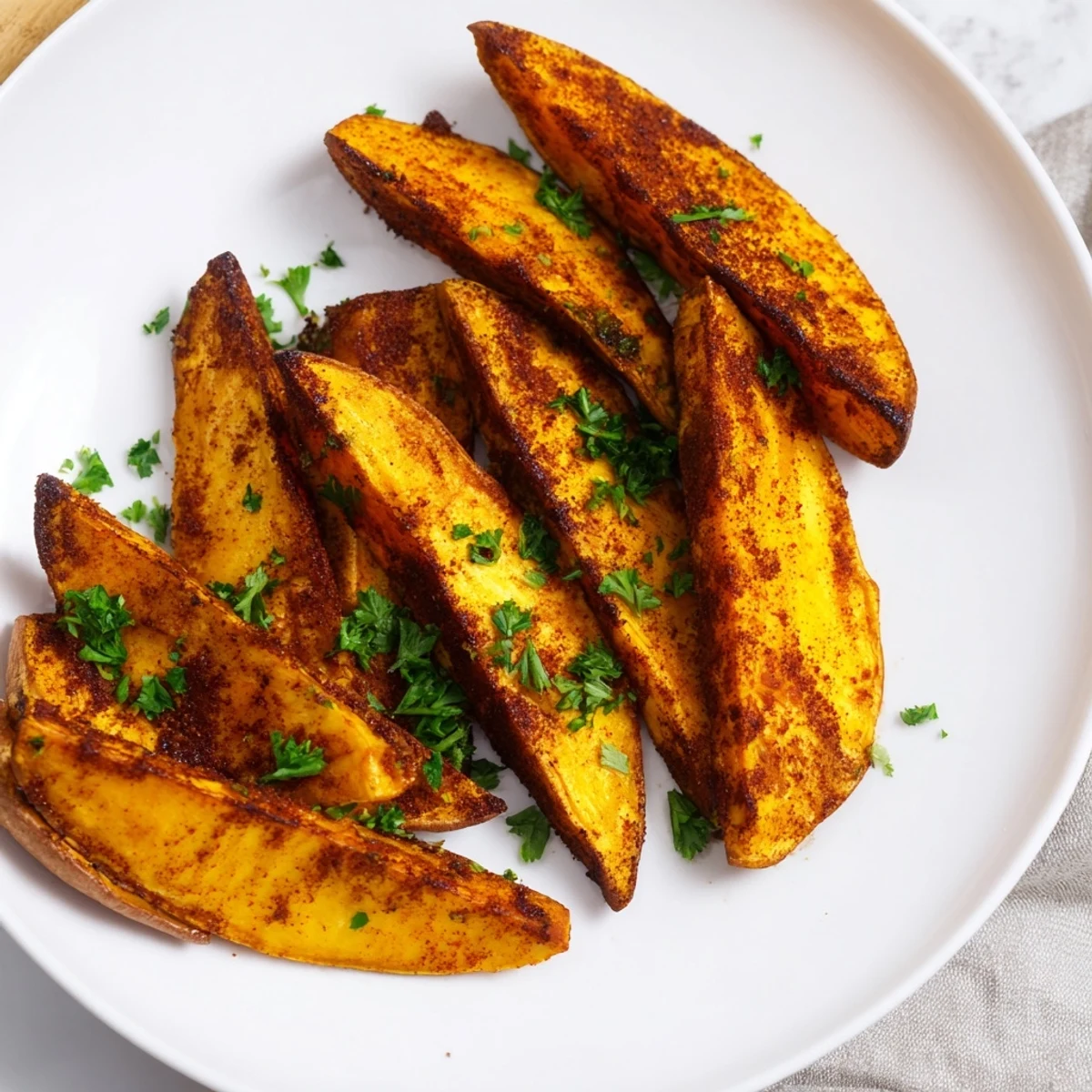 Smoky paprika coats these delicious roasted sweet potato wedges, ready to serve with lemon for freshness.