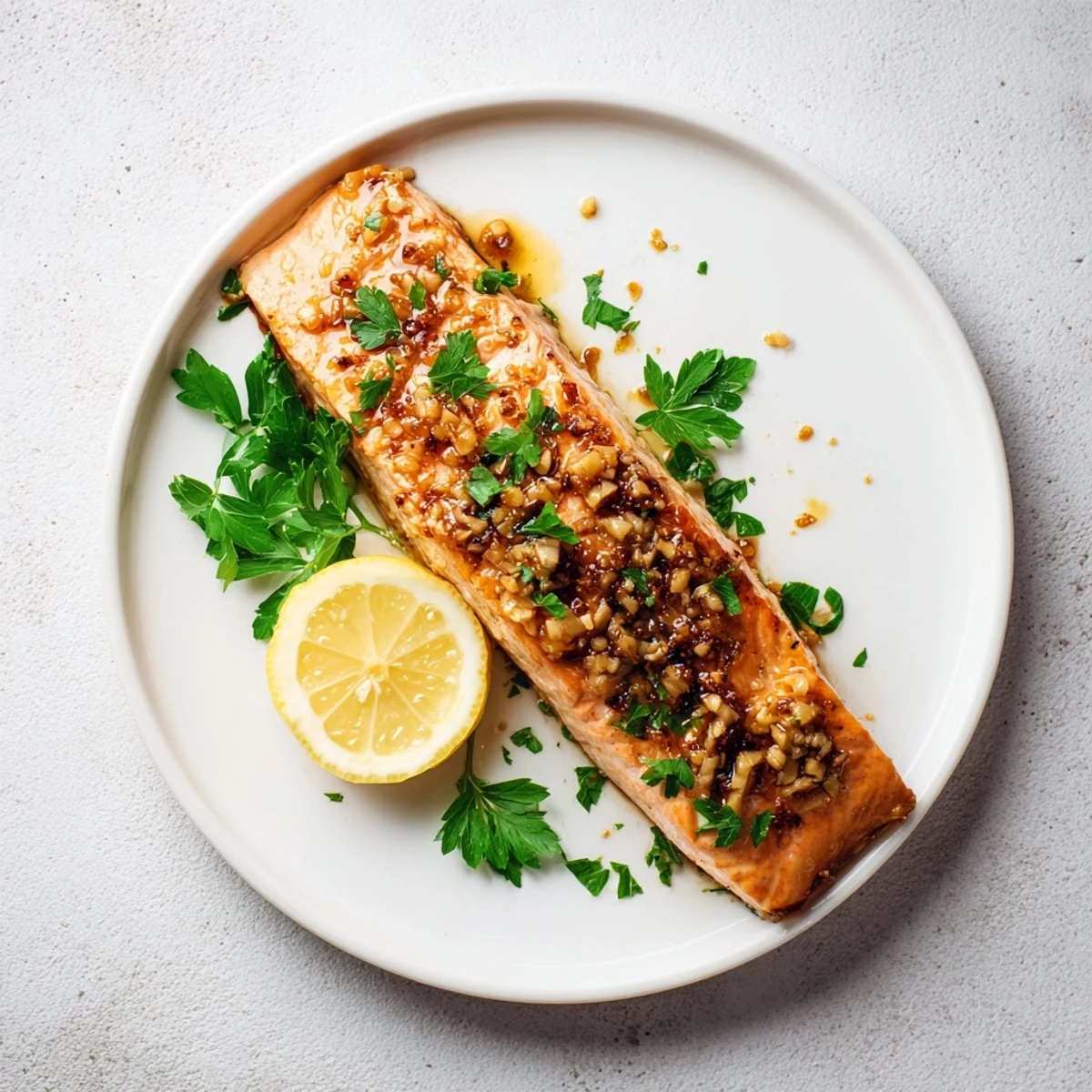 Perfectly baked salmon with honey garlic glaze, glistening with a sweet, savory sauce, ready to serve.