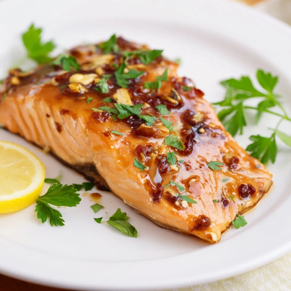 Flaky, golden-brown baked salmon with honey garlic glaze, enhanced with fresh herbs and lemon wedges.