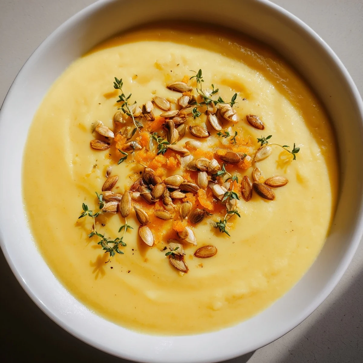 Creamy Pumpkin Soup garnished with golden toasted seeds, ready to be enjoyed on a chilly evening.