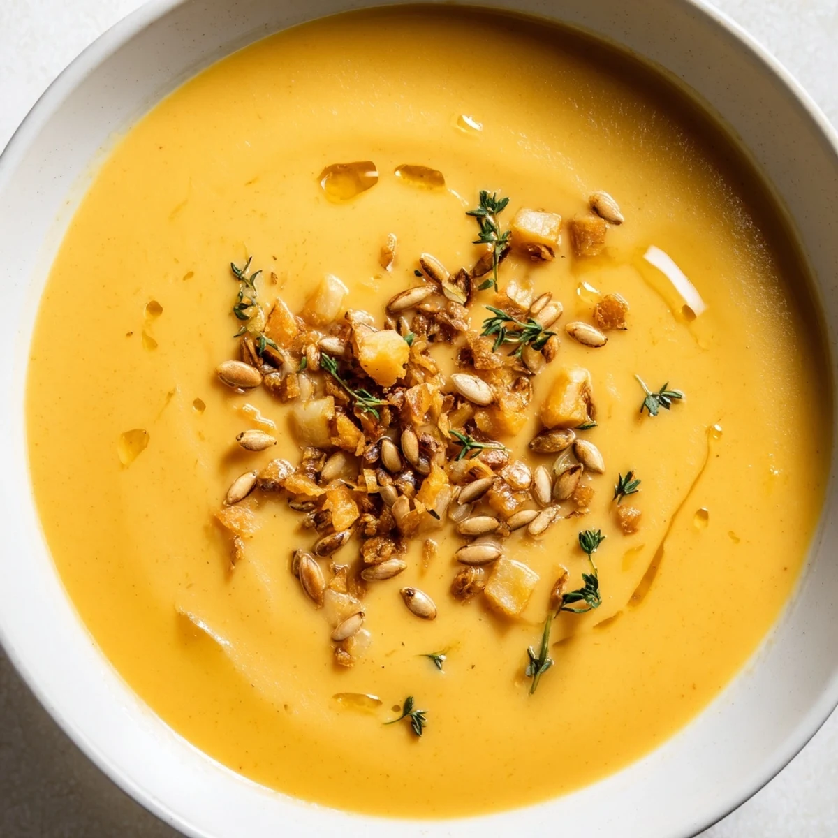 A bowl of velvety Creamy Pumpkin Soup, rich with fall spices, is topped with crunchy seeds.