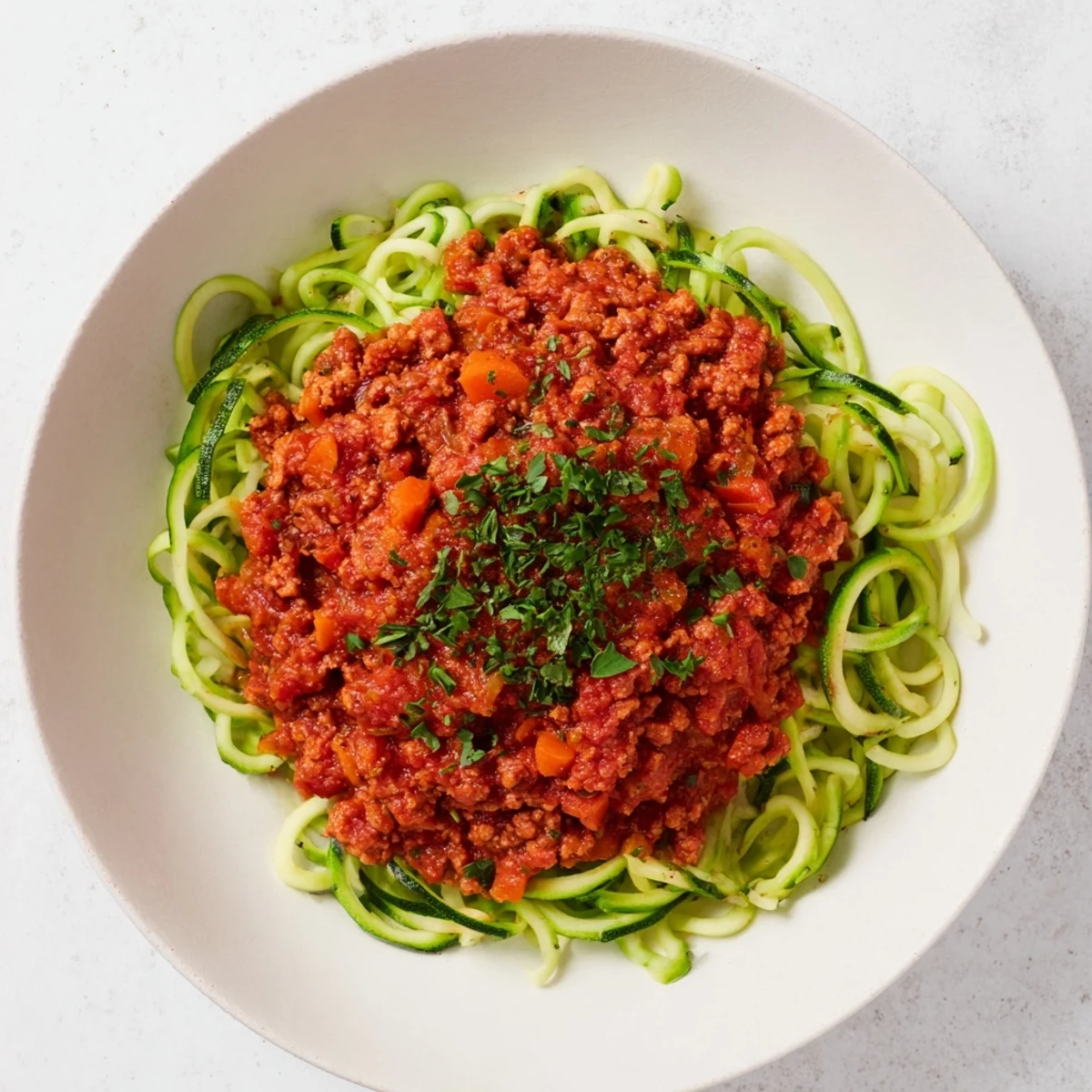 Steaming turkey Bolognese sauce over vibrant green zucchini noodles, ready for a healthy meal.