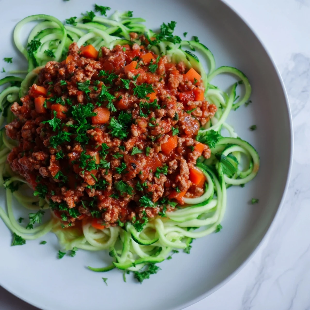 A generous serving of rich turkey Bolognese, spooned over spiralized zucchini, a visually appealing gluten-free dinner.