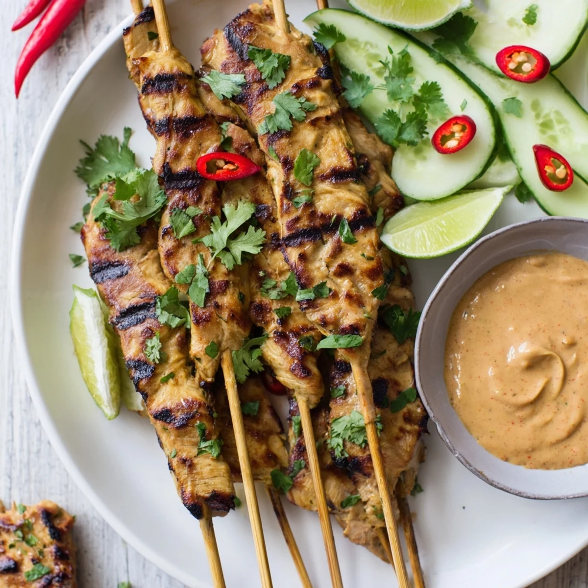 Delicious chicken satay skewers, perfectly charred from the grill, served with fresh cilantro and lime.