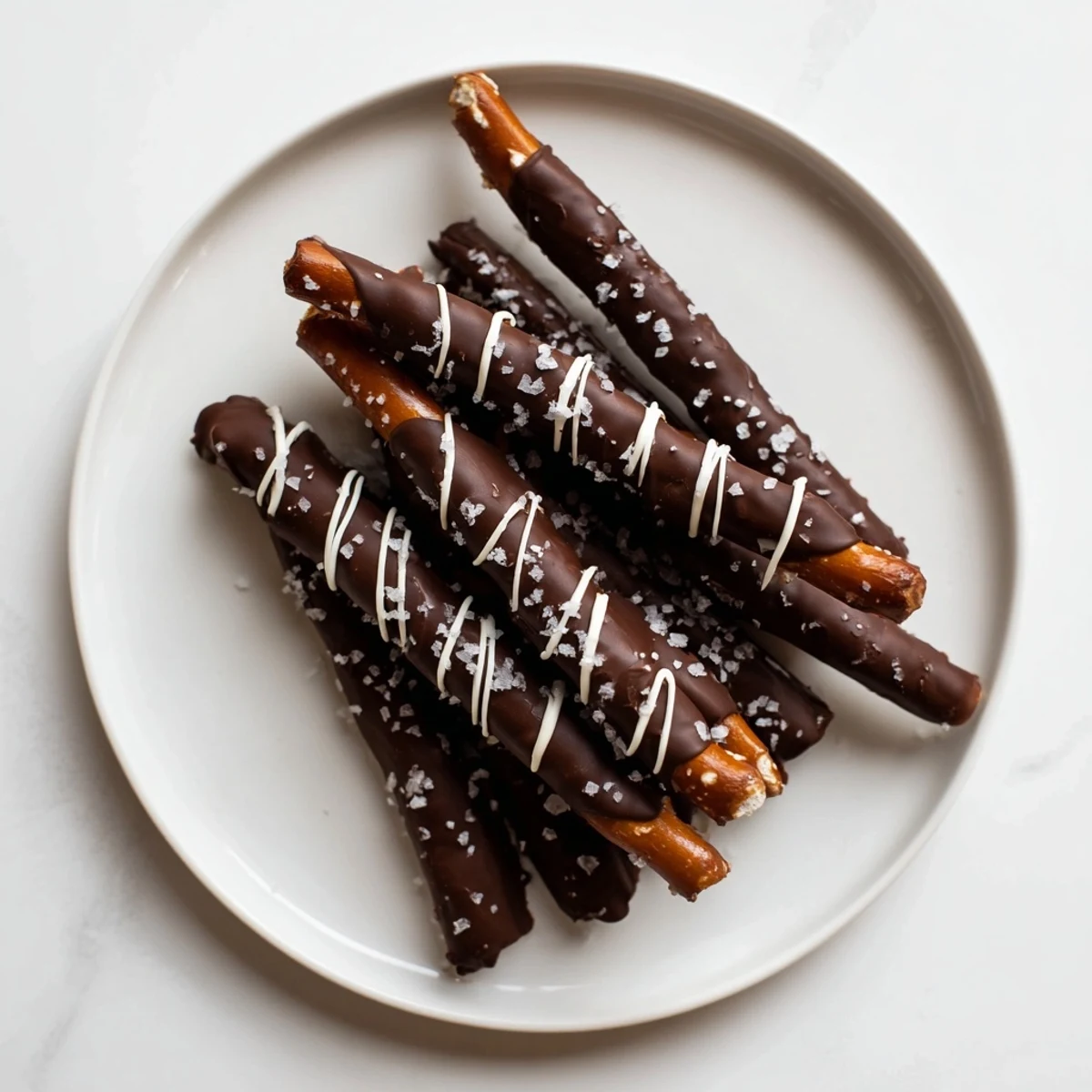Flaky sea salt sparkles atop these homemade chocolate dipped pretzels; the perfect, easy American dessert or party snack.