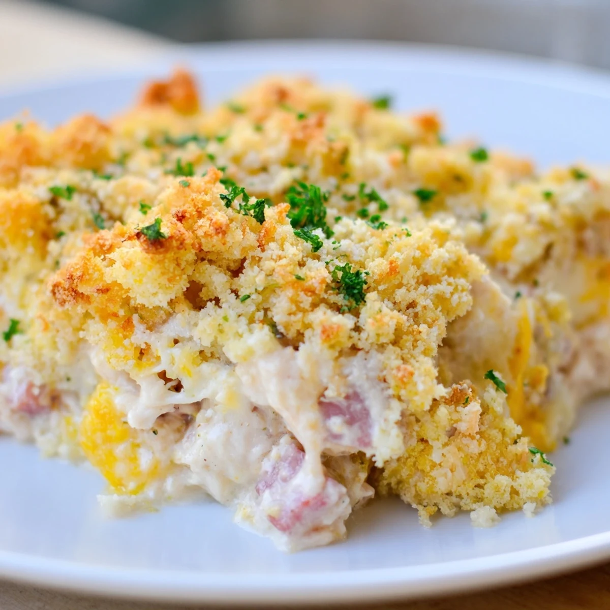 Golden, bubbling Chicken Cordon Bleu Casserole with Breadcrumbs emerges from the oven with a crispy, buttery top.