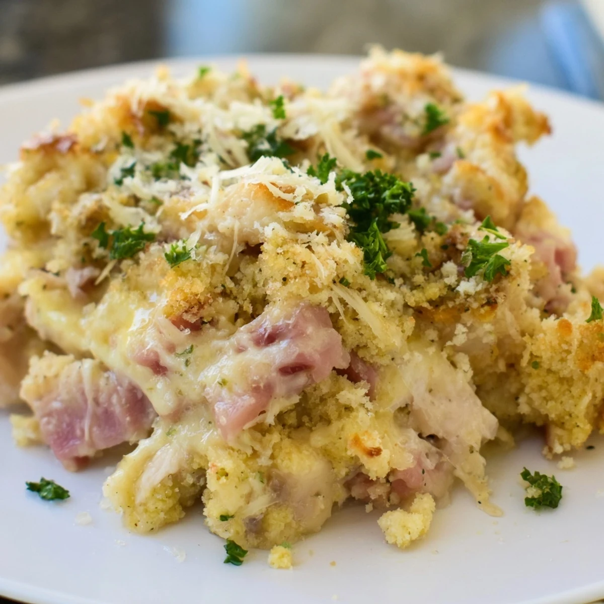 Freshly baked Chicken Cordon Bleu Casserole with Breadcrumbs, garnished with parsley, ready to enjoy hot.