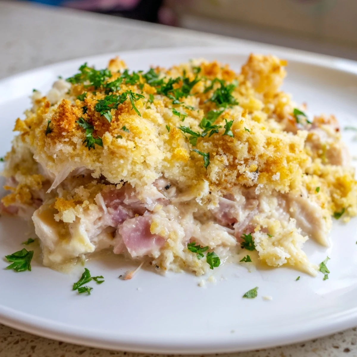 Sliced into a hearty serving, the creamy casserole reveals layers of tender chicken and savory ham.