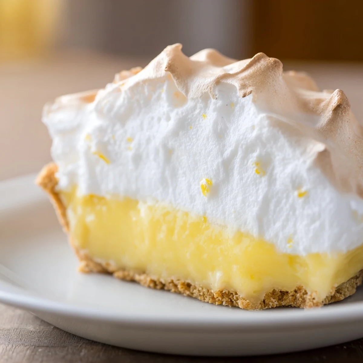 A slice of Lemon Meringue Pie reveals bright lemon filling and a tall, airy meringue topping on a graham base.
