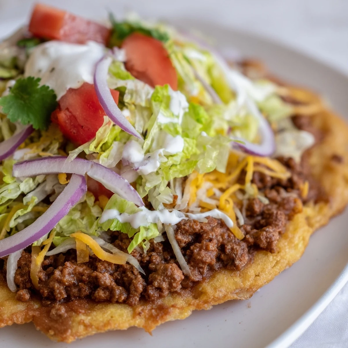 Golden, crispy corn tostada shells layered with creamy refried beans and savory, seasoned ground beef.