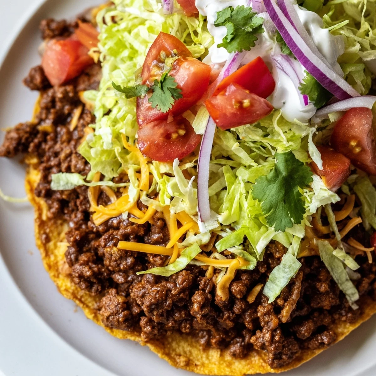 A close-up of a hand-held beef tostada garnished with sour cream and cilantro, ready to eat.