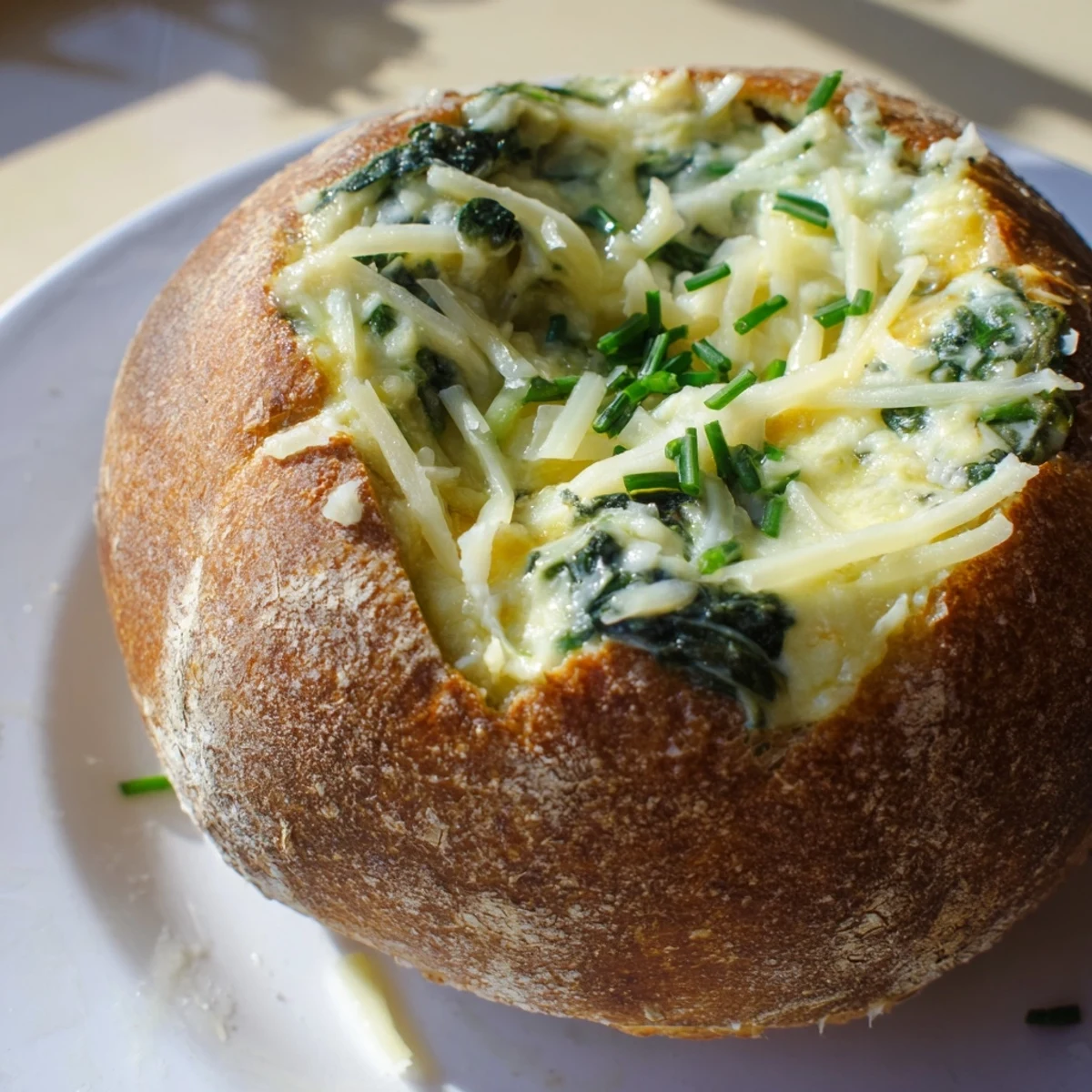 Cheesy spinach dip served from a crusty sourdough bread bowl, garnished with fresh chives and garlic.