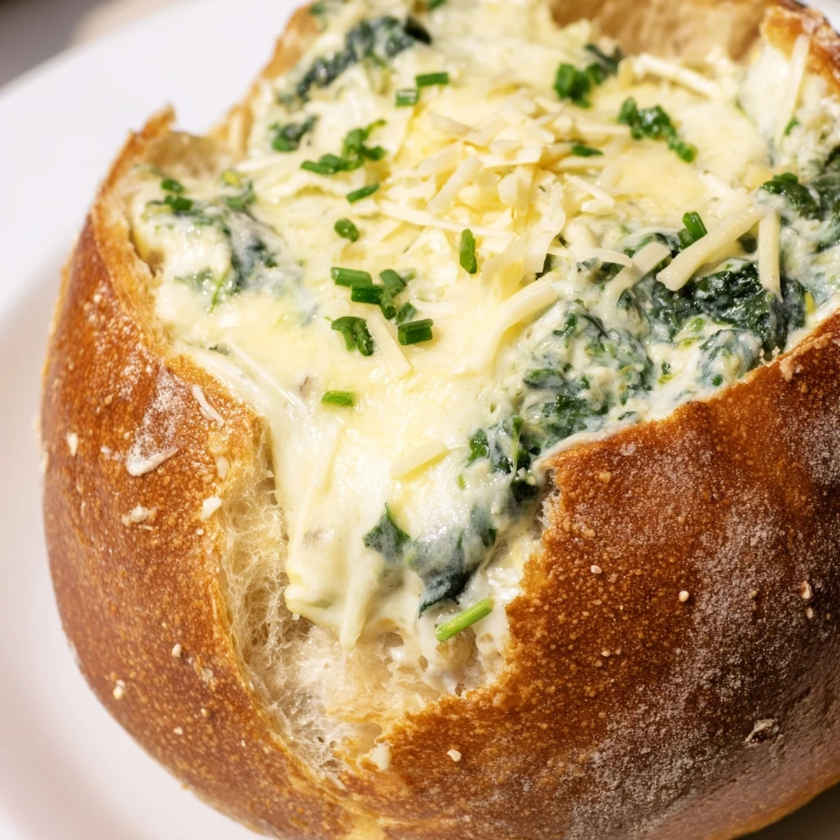 Warm, creamy spinach dip with melted mozzarella bubbling inside a hollowed-out sourdough bread bowl.