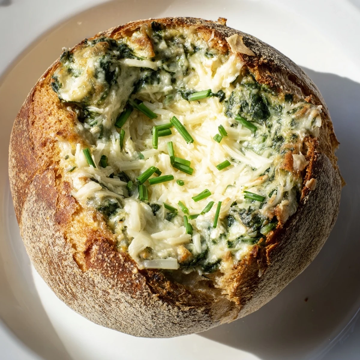Freshly baked creamy spinach dip with golden crust, served in a sourdough bread bowl at a party.