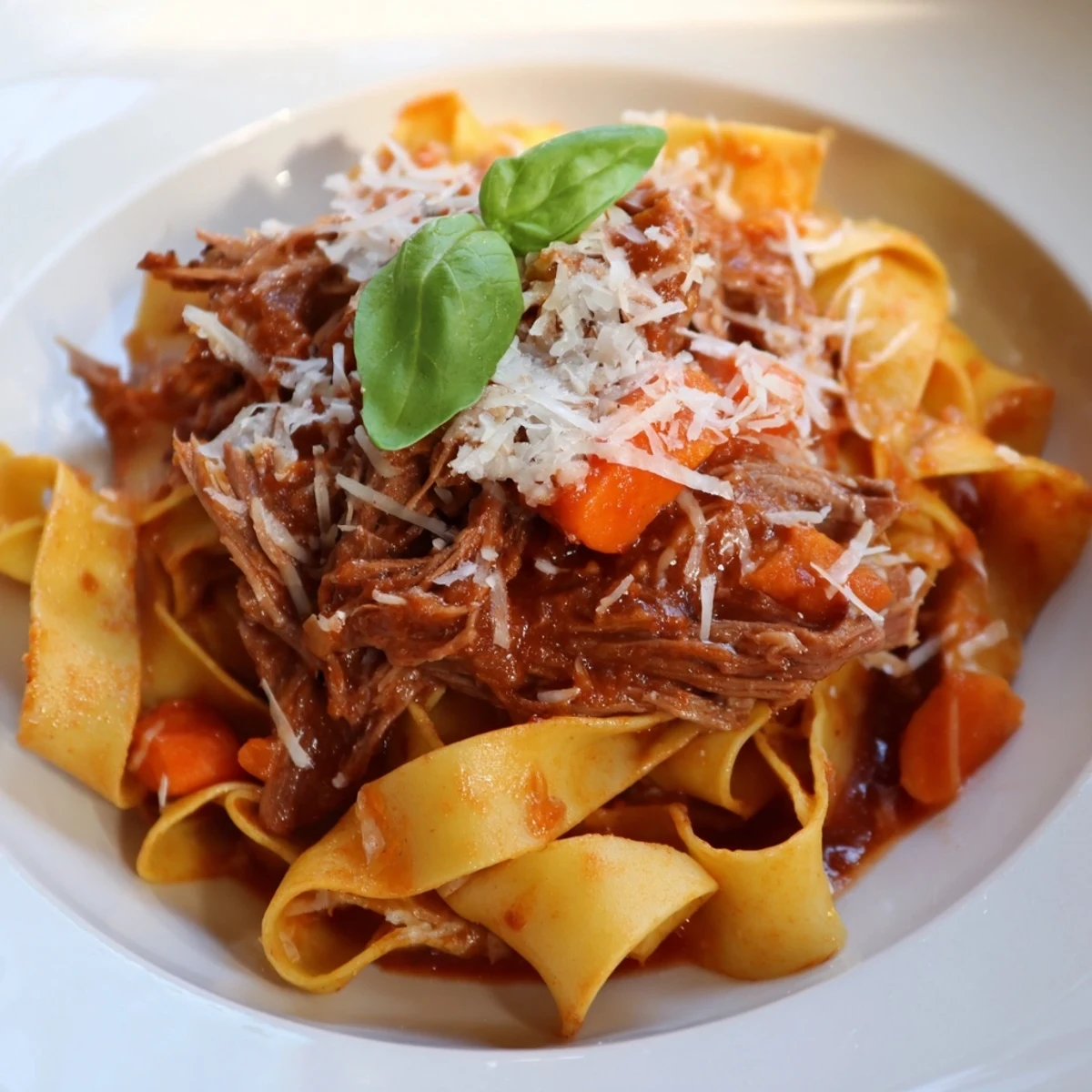 Tender shredded beef and rich red tomato sauce coat every ribbon of Slow Cooker Beef Ragu with Pappardelle Pasta.