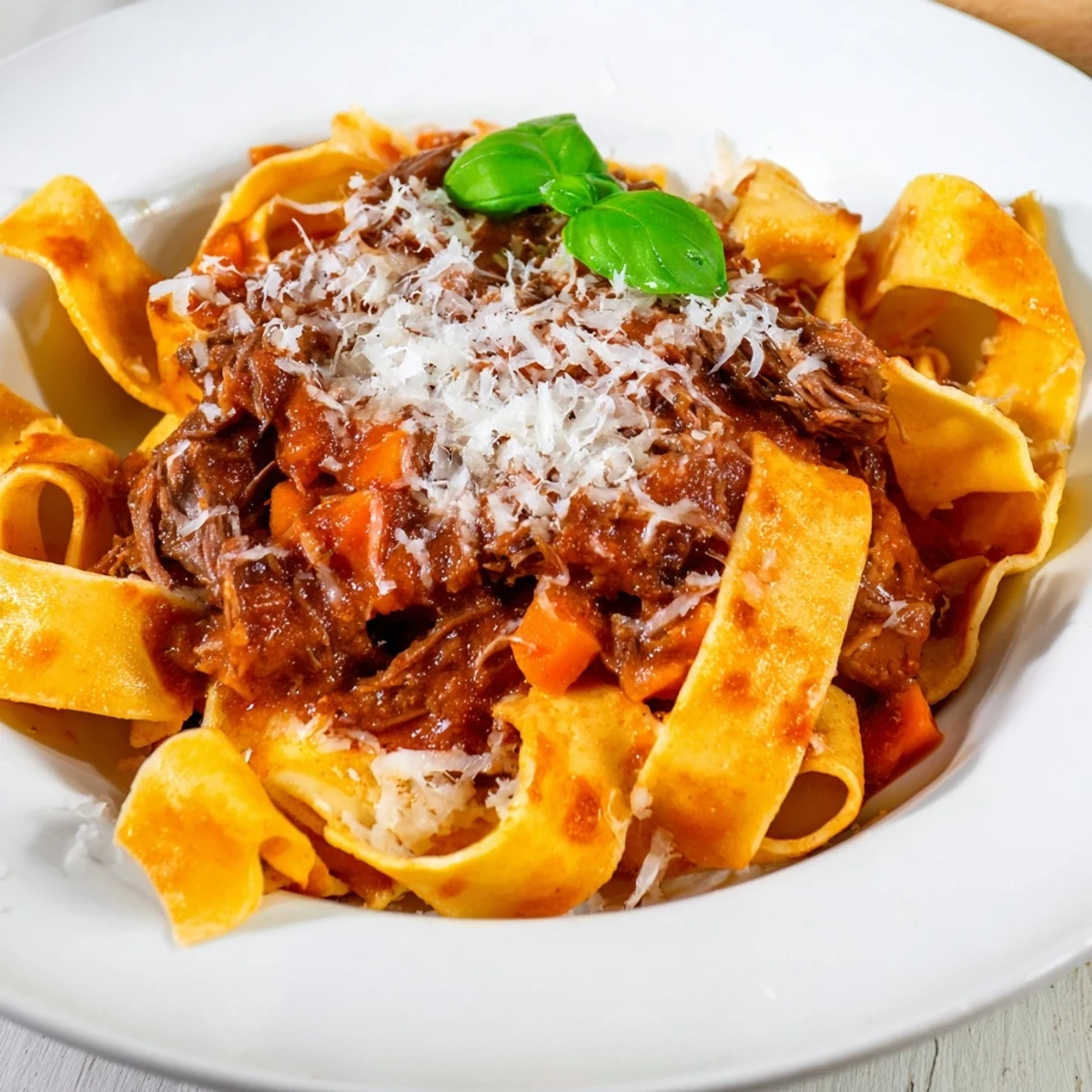 Steam rises from a hearty serving of Slow Cooker Beef Ragu with Pappardelle Pasta topped with fresh basil and Parmesan.