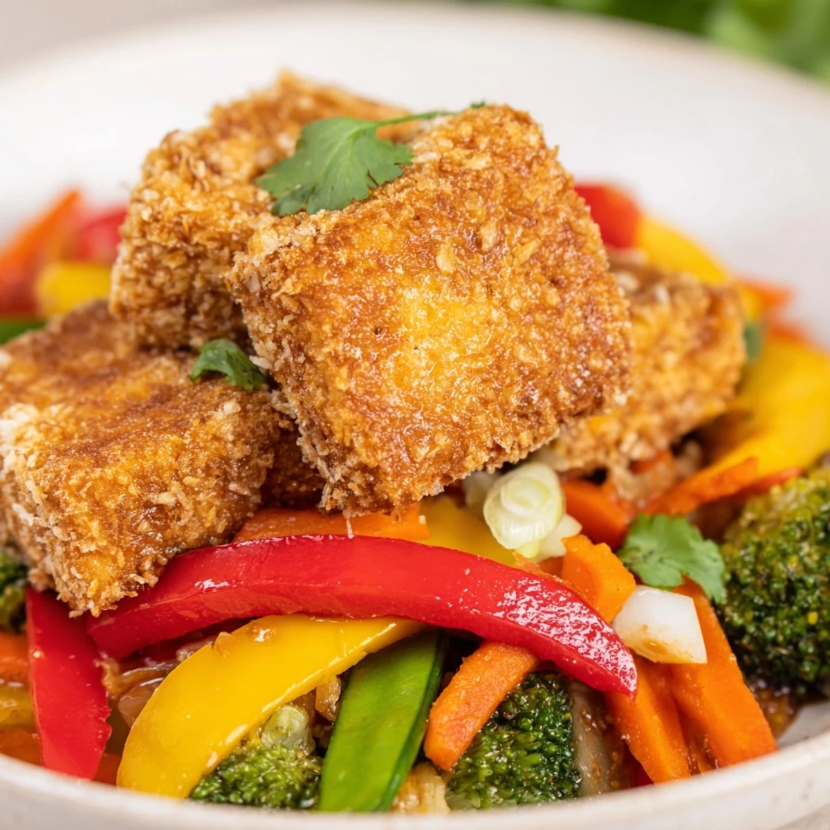 Plate of Crispy Coconut Tofu with Stir Fry Vegetables served over steamed rice with a drizzle of soy-ginger sauce.