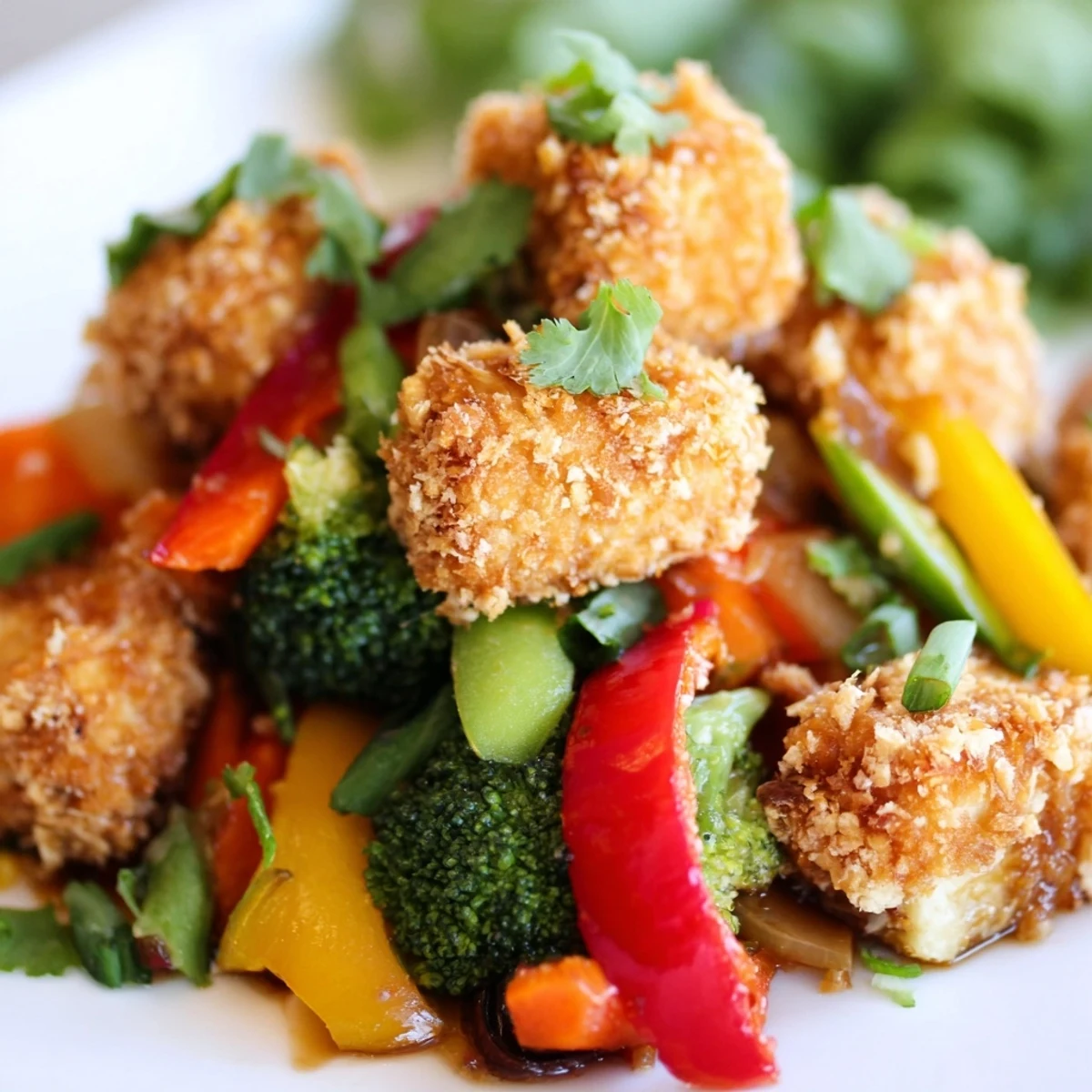 Crispy Coconut Tofu with Stir Fry Vegetables topped with fresh cilantro and lime wedges on a white plate, ready to serve. 