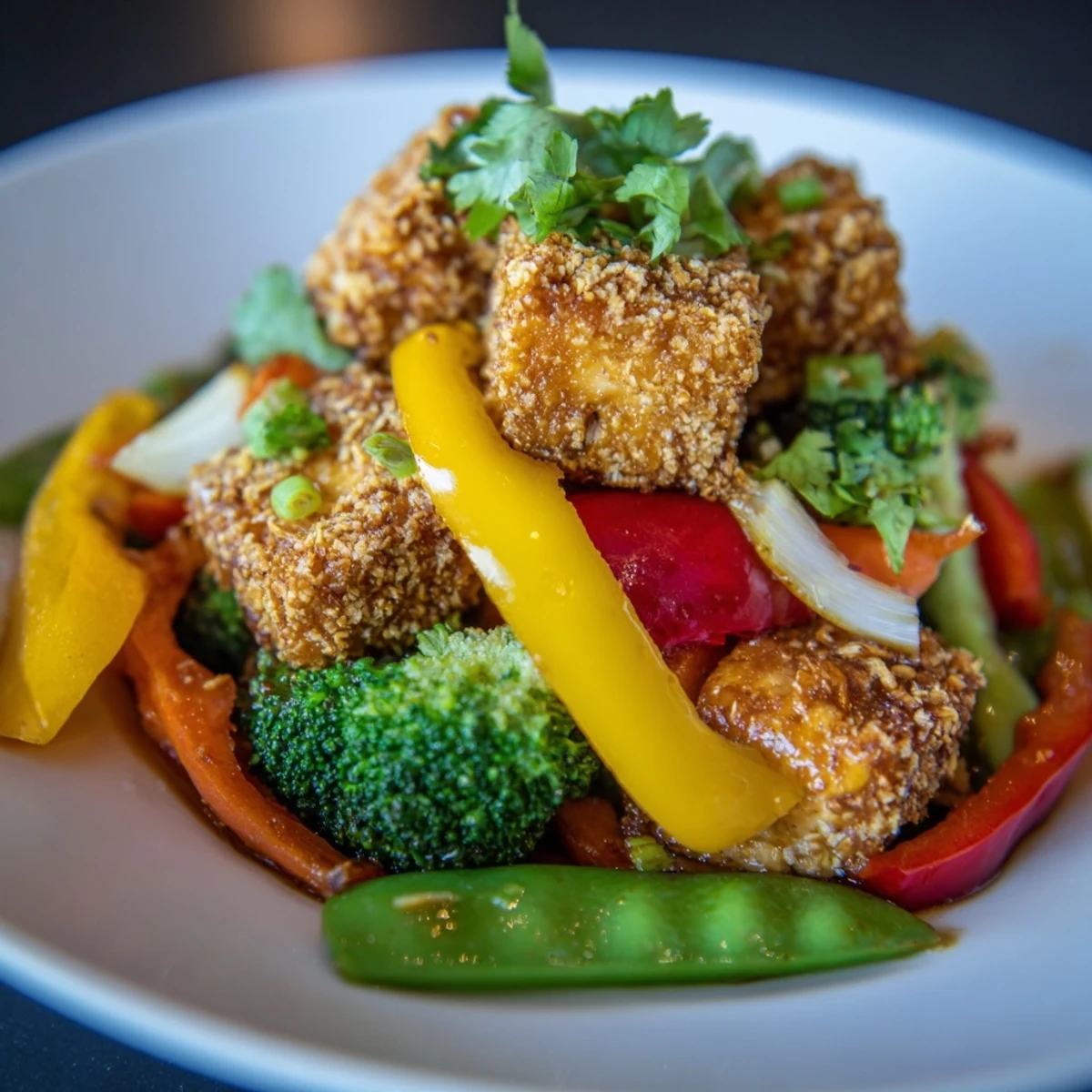 Vibrant stir-fried vegetables sizzling in a wok next to golden, coconut-crusted tofu cubes on a cutting board. 