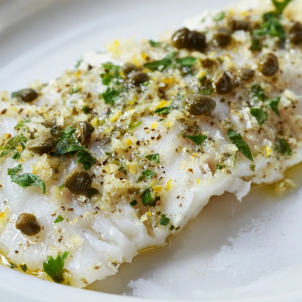 Close-up of Baked Haddock with Lemon and Capers, showing a fork flaking the tender white fish.