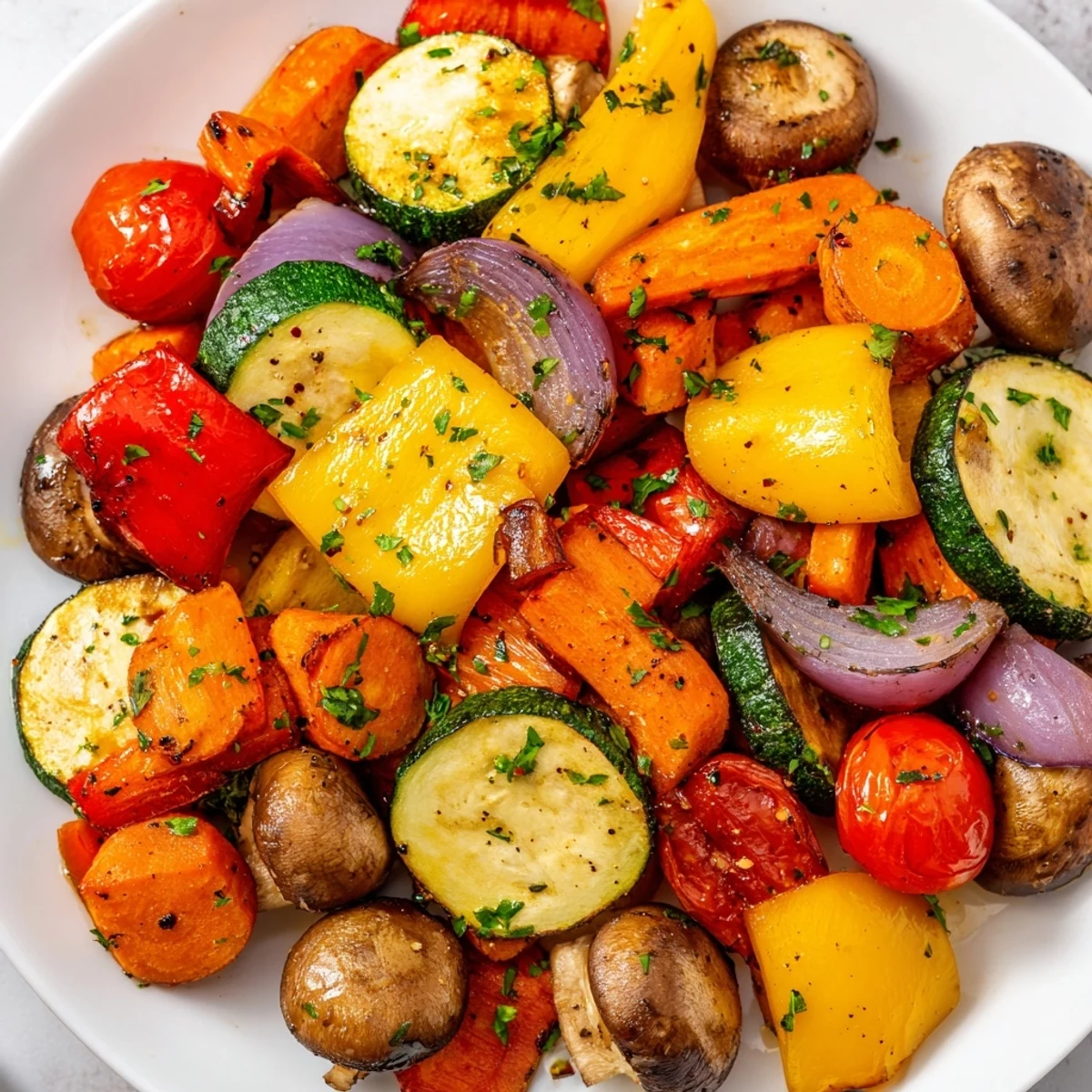 Colorful Roasted Vegetable Mix served warm in a white ceramic bowl, garnished with fresh parsley and ready to accompany a grilled main course. 