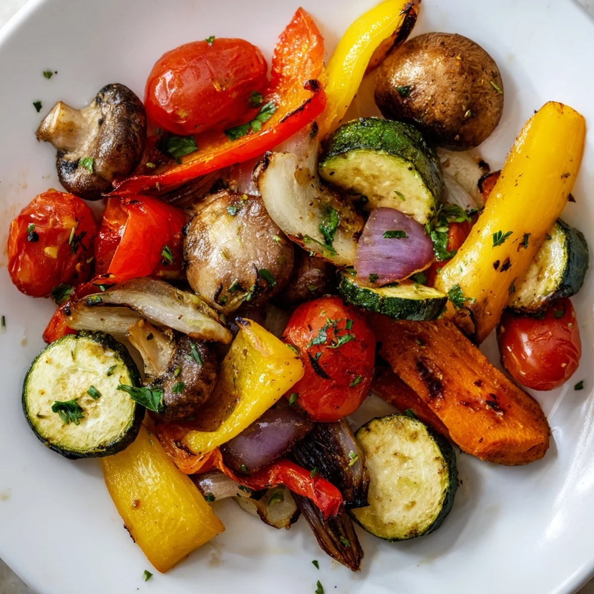 A close-up photo of Roasted Vegetable Mix, featuring vibrant bell peppers, zucchini, and cherry tomatoes glistening with olive oil and herbs on a baking sheet. 