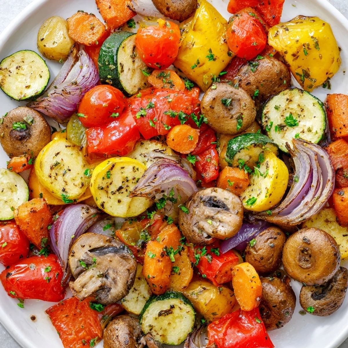 Tasty Roasted Vegetable Mix with caramelized onions and golden cremini mushrooms, showcasing a rustic, oven-roasted texture and savory aroma.