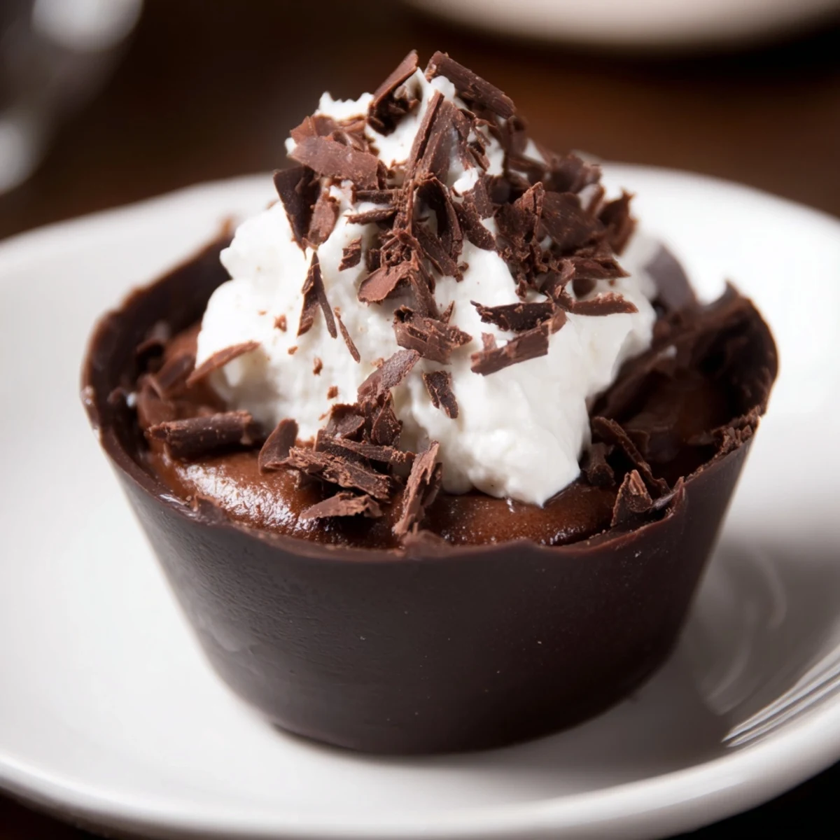 The Chocolate Dessert Cup reveals its rich, velvety mousse interior with a garnish of dark chocolate curls on top.