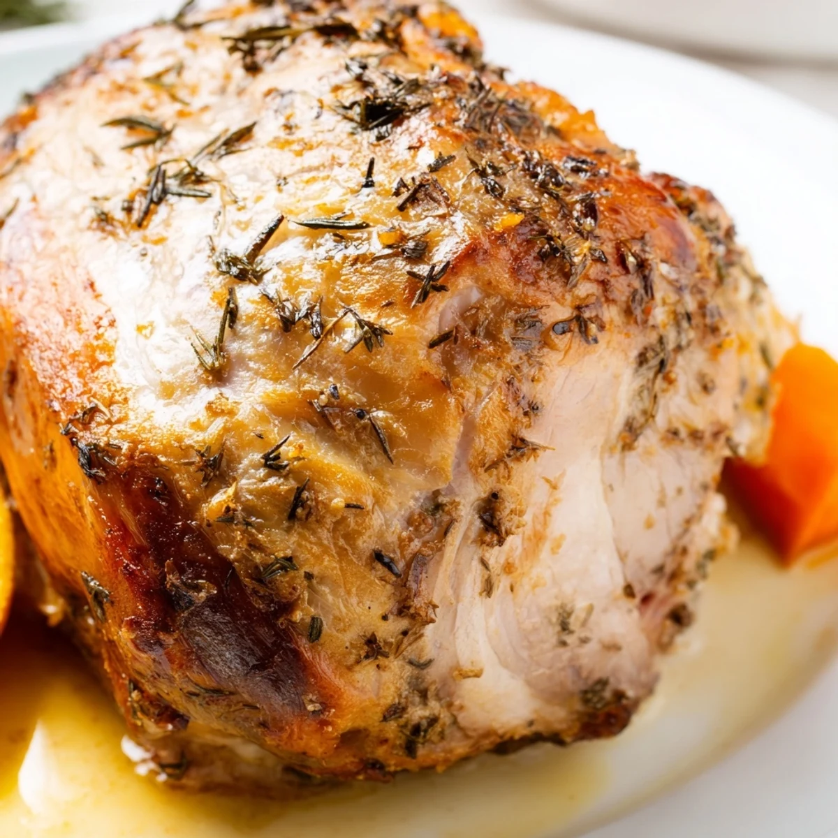 Golden-brown Turkey Pan Roast with roasted carrots, celery, and onions on a rustic platter.
