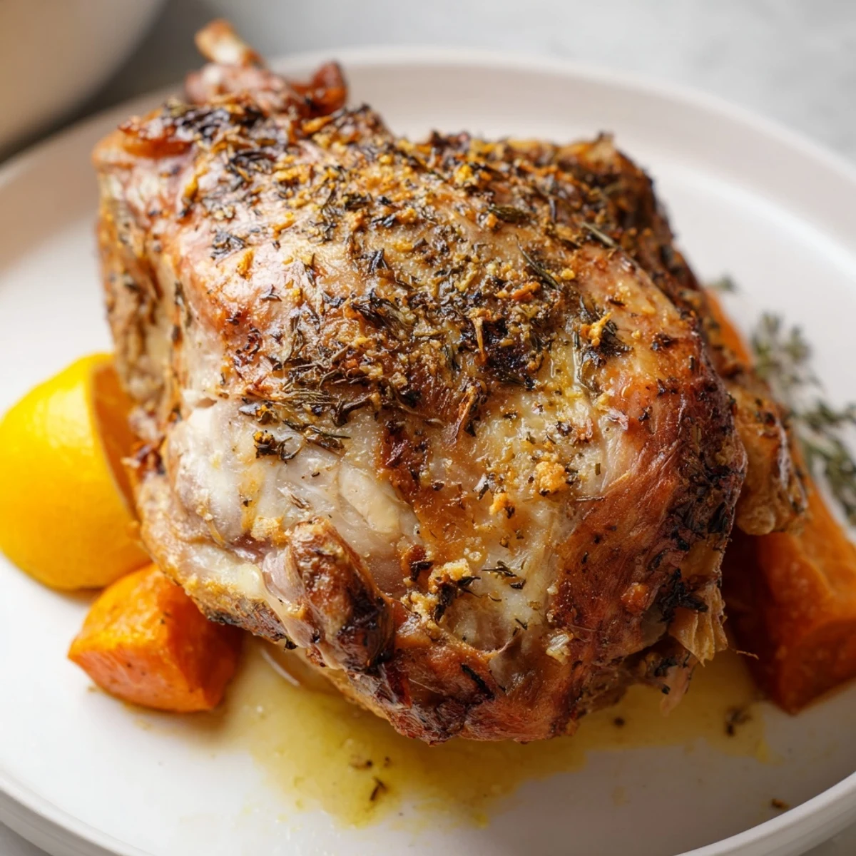 Savory Turkey Pan Roast resting in a roasting pan next to lemon slices.