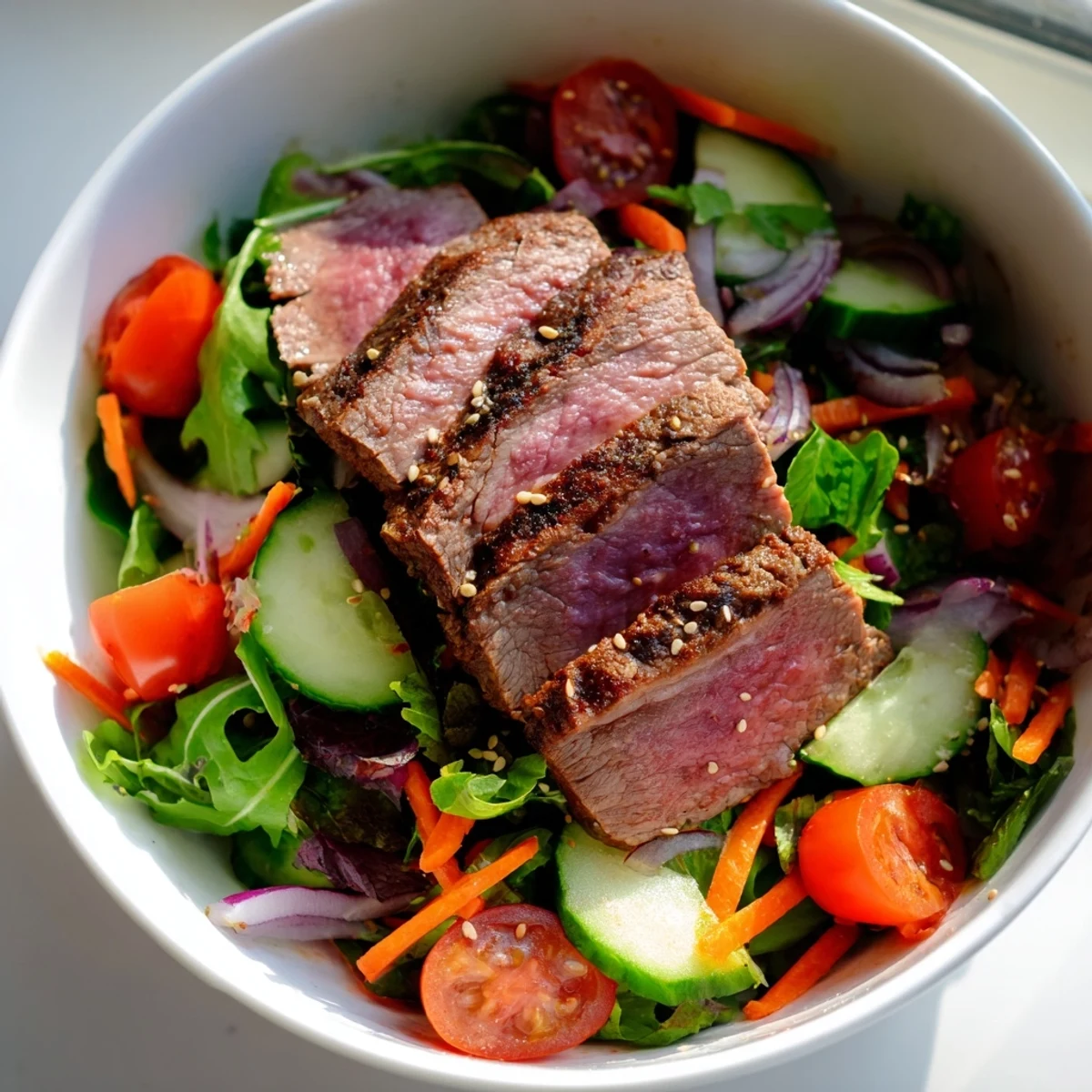 Freshly seared slices of beef rest atop crisp greens, cucumber, and vibrant bell peppers in this Beef Salad Bowl. 