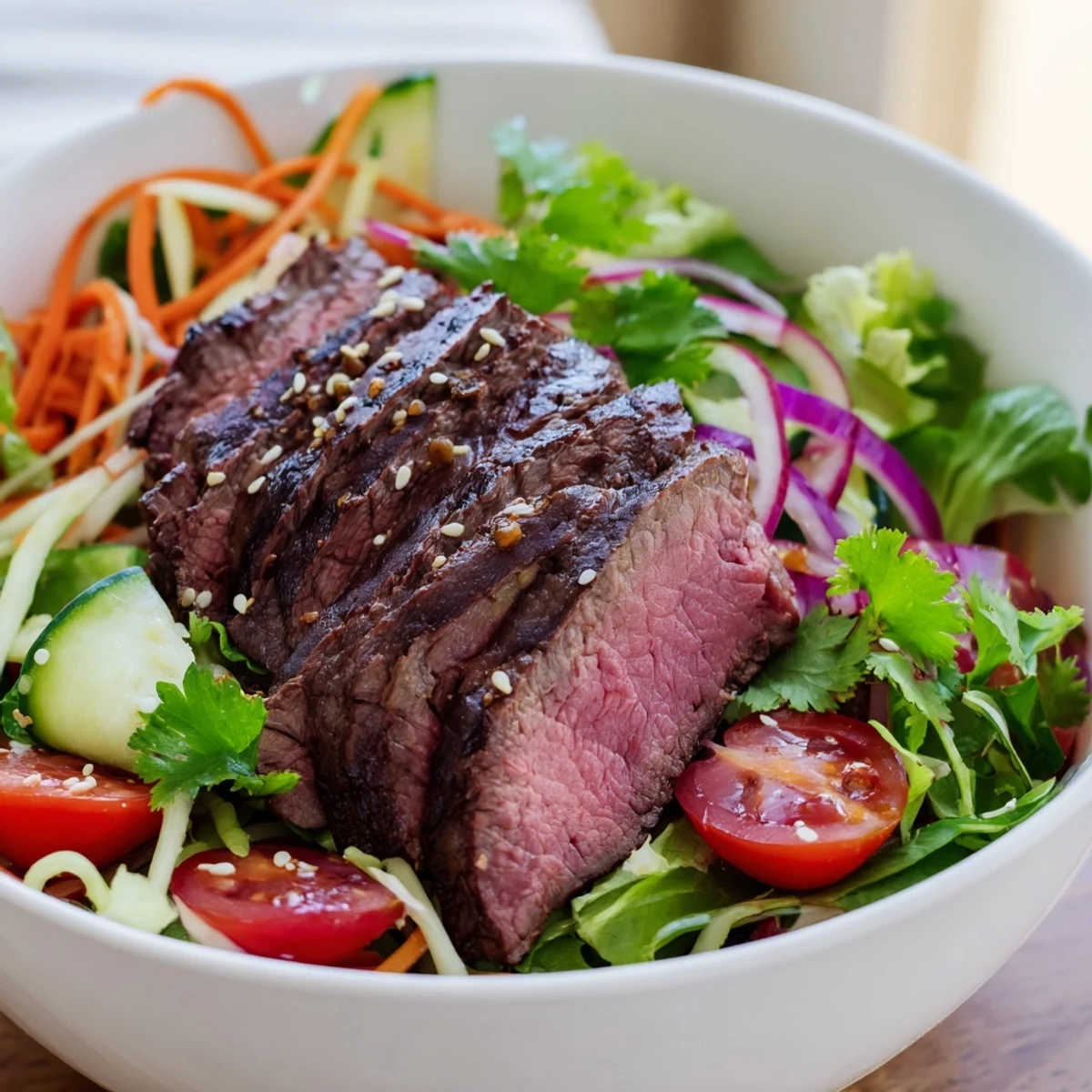 A hearty Beef Salad Bowl with mixed greens, julienned carrots, and roasted peanuts, served as a colorful and healthy lunch.