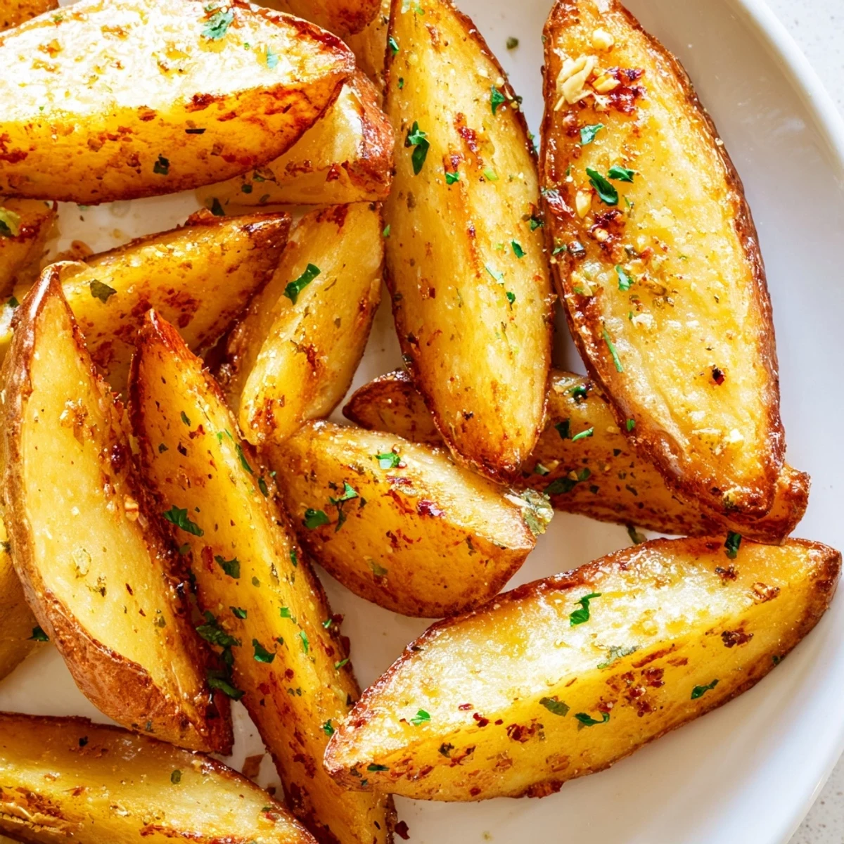 Golden Lemon Potato Wedges roasted until crispy on the edges, sprinkled with fresh parsley and served alongside bright lemon wedges.