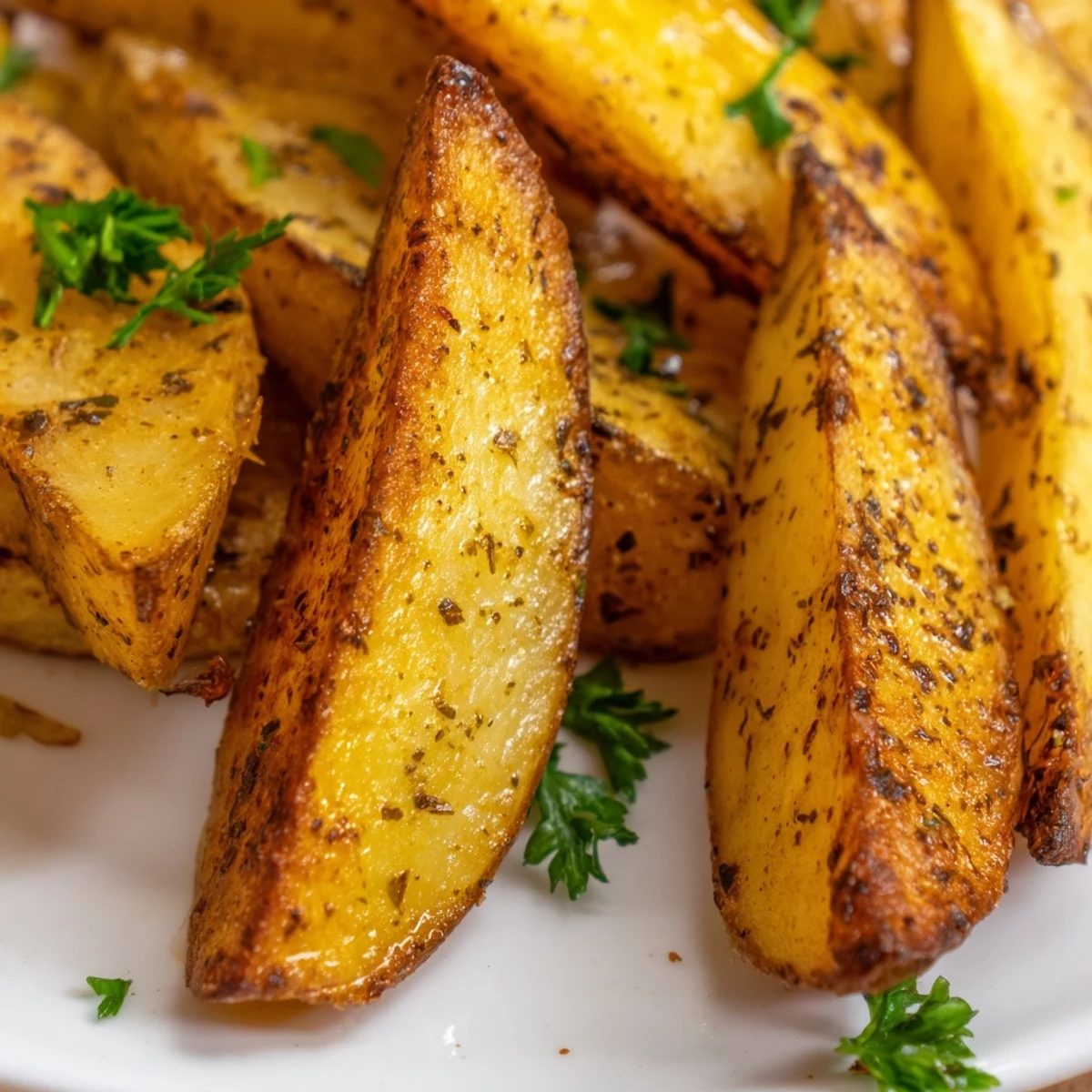 Golden-brown Lemon Potato Wedges arranged on a rustic platter, ready to be dipped into creamy Greek yogurt or enjoyed as a savory side.