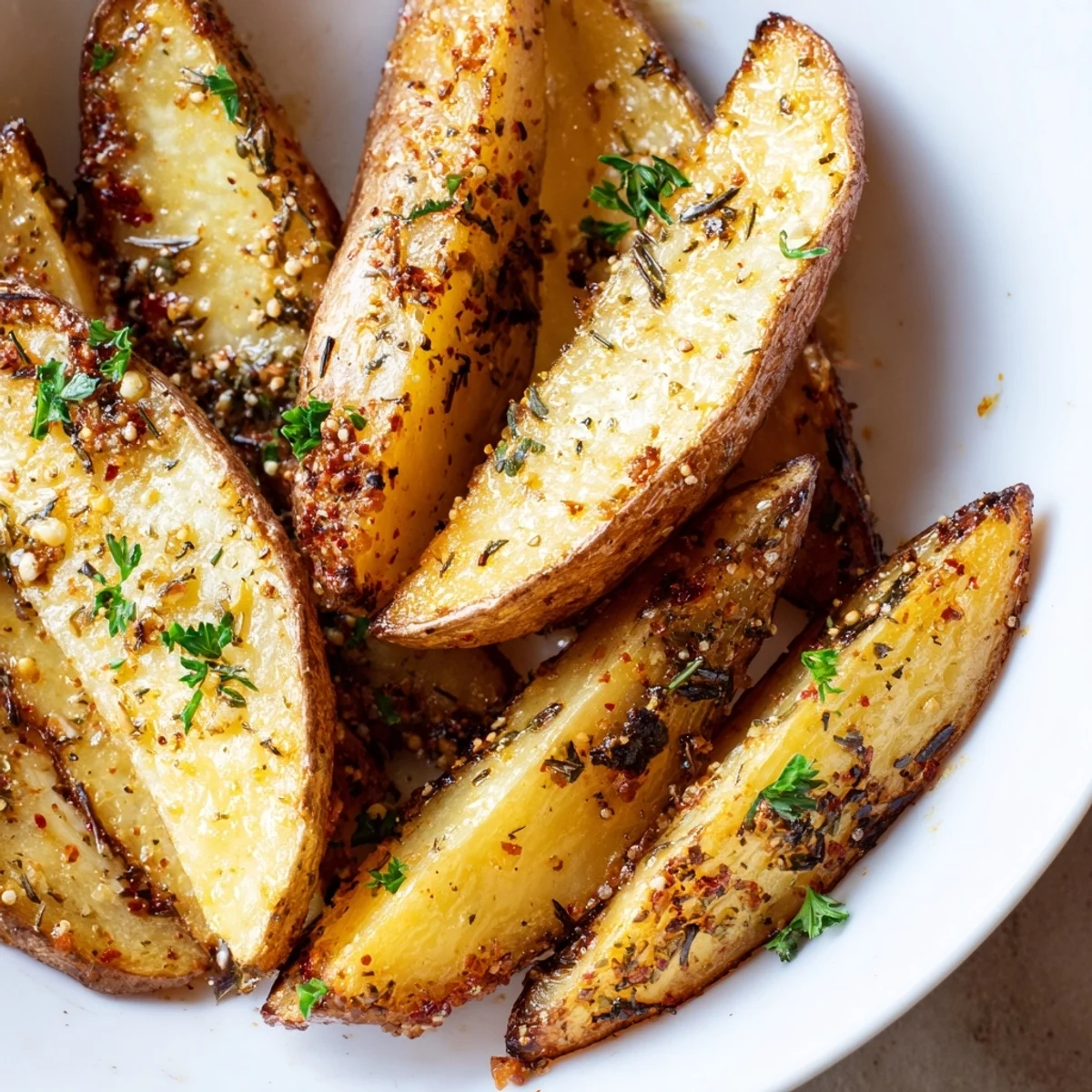 Freshly roasted Lemon Potato Wedges with zesty lemon zest and oregano, paired with grilled chicken for a vibrant Mediterranean-inspired dinner.