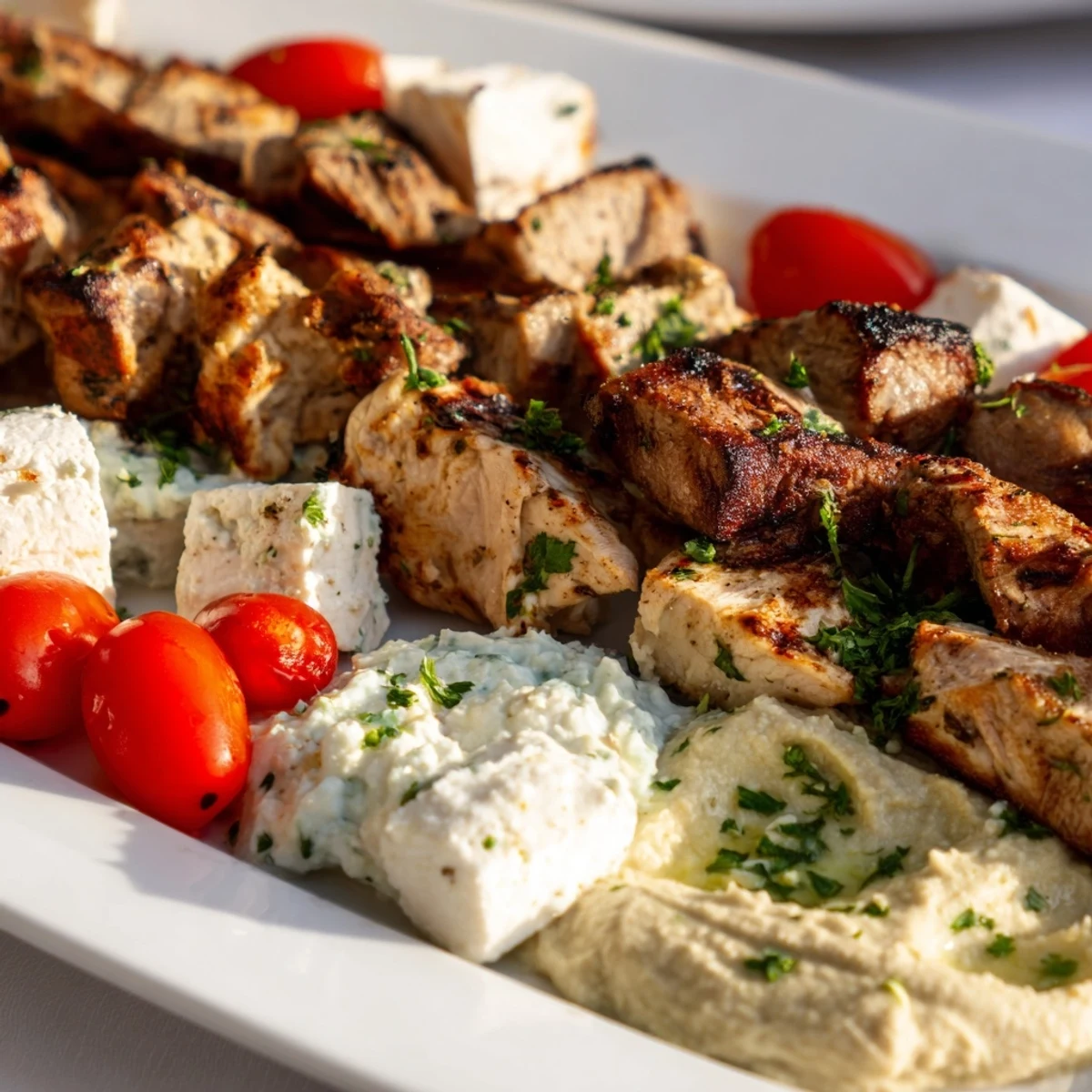 Warm pita breads, feta cheese cubes, and lemon wedges flank this appetizing Mediterranean Dish Platter on a rustic table.