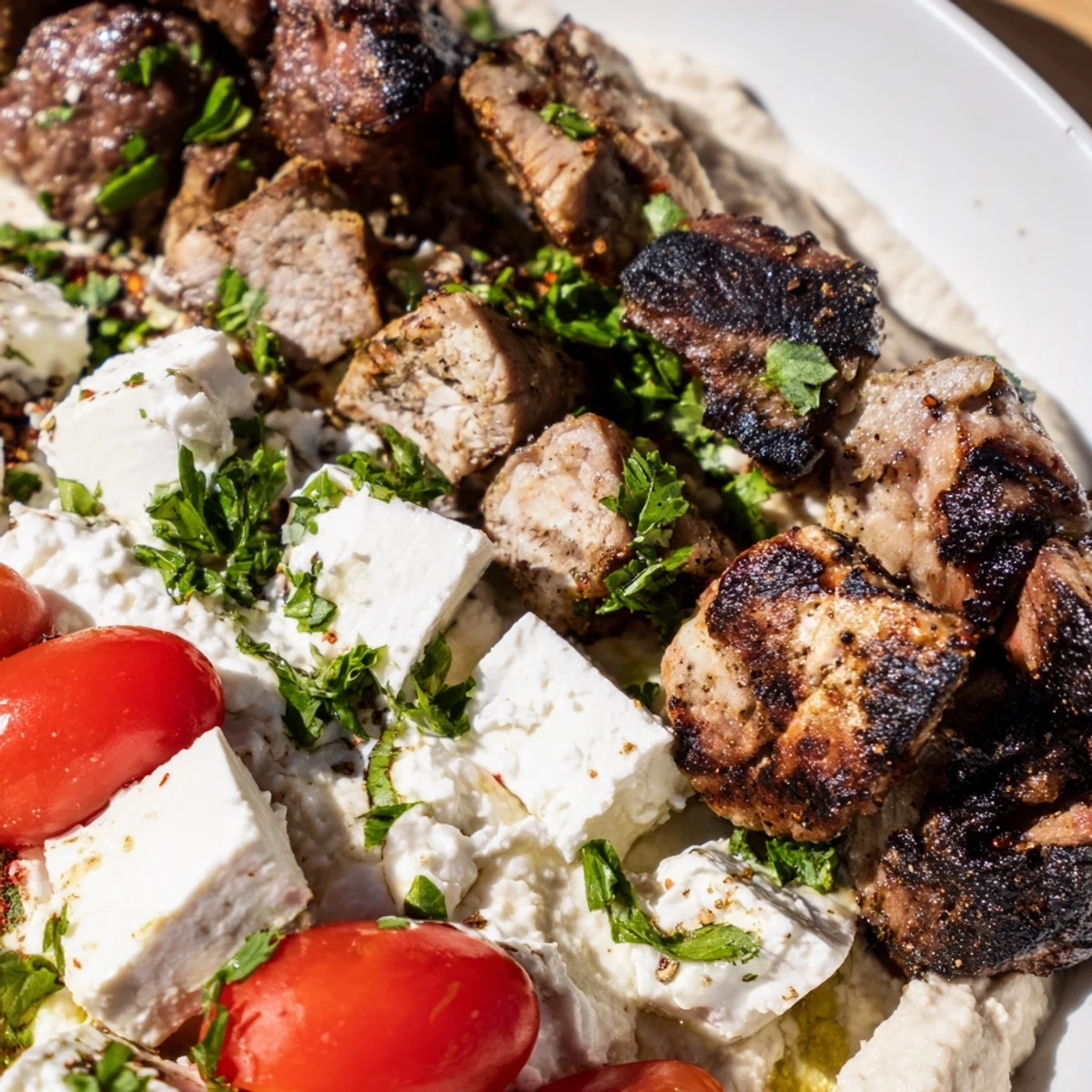 Colorful Mediterranean Dish Platter with grilled chicken and lamb, creamy hummus, and tzatziki dips on a wooden board.