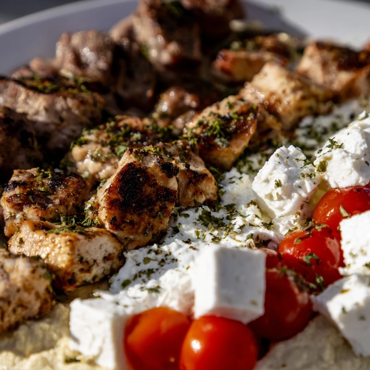 Fresh Mediterranean Dish Platter featuring grilled meats, crisp vegetables, olives, and vibrant dips, perfect for sharing at a party.