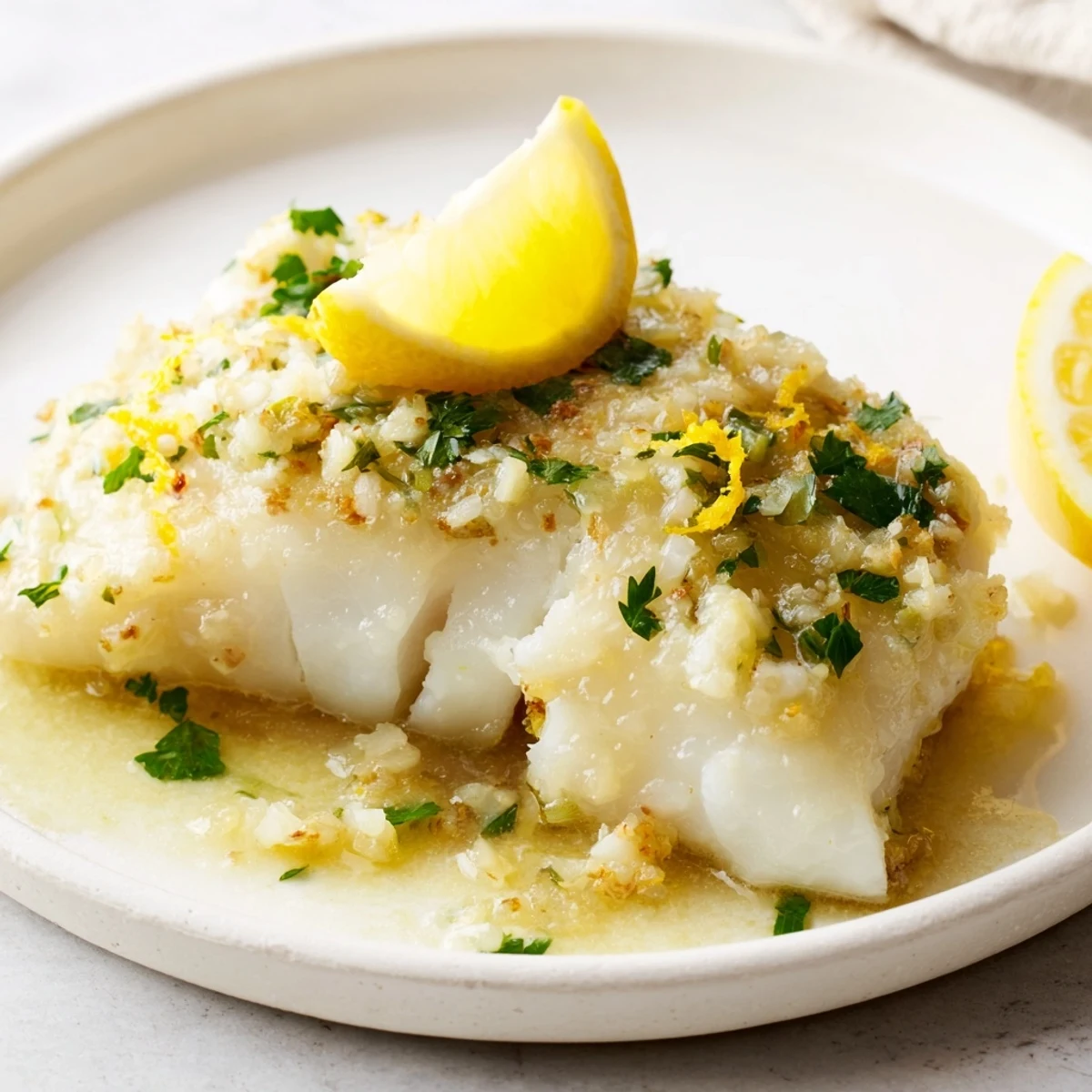 Golden-brown baked fish fillets drizzled with a silky lemon butter sauce and garnished with fresh parsley and lemon slices, served in a white ceramic baking dish for an easy weeknight dinner.