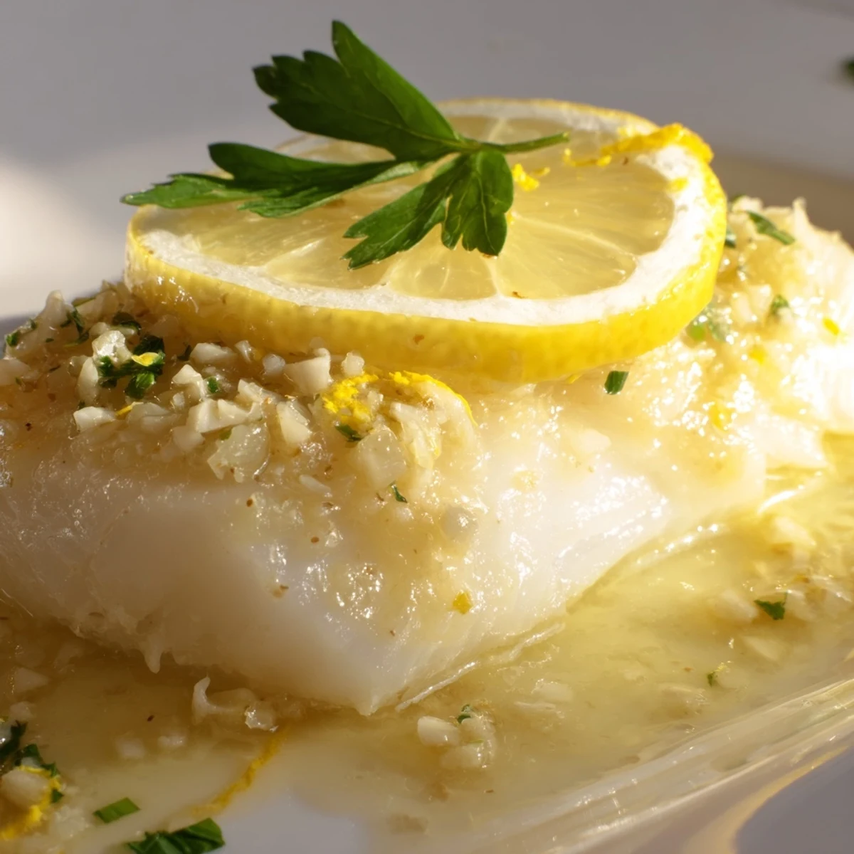 Freshly baked fish with lemon butter, featuring opaque, flaky fillets topped with minced garlic, parsley, and zesty lemon slices, perfect for a light and elegant pescatarian dinner.