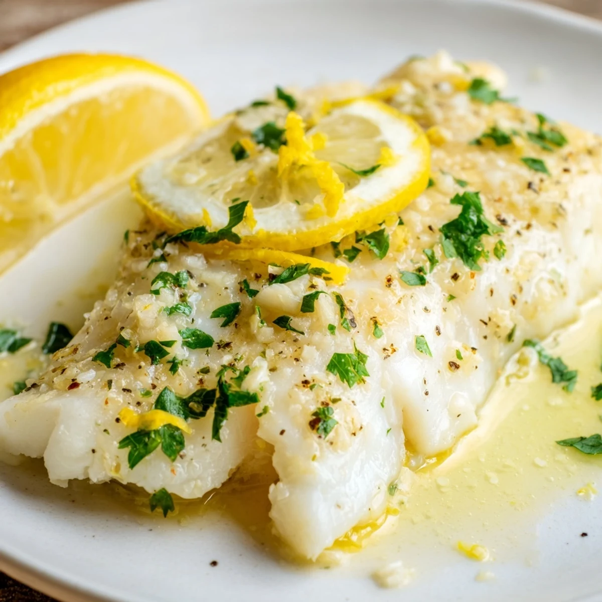 Flaky, tender white fish coated in a bright lemon butter sauce, garnished with fresh parsley and lemon slices, ready to serve alongside steamed vegetables for a healthy seafood meal.