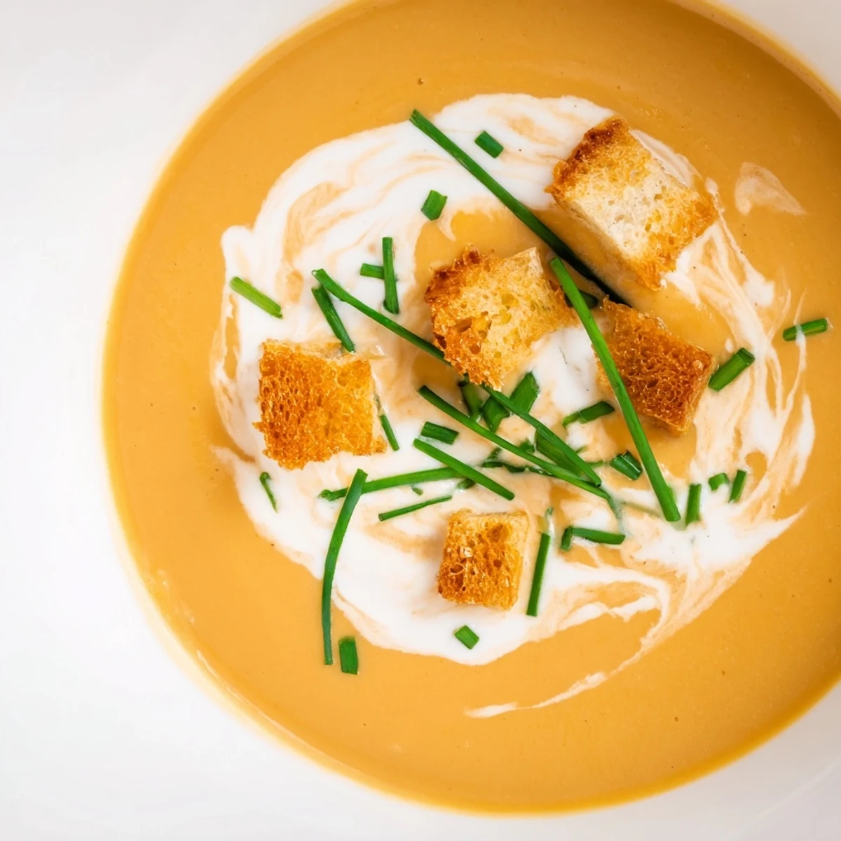 Creamy Soup Bowl garnished with chives and croutons, steaming in a rustic bowl for a comforting meal.