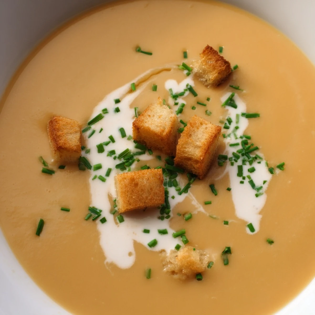 A vibrant bowl of Creamy Soup Bowl topped with herbs, served alongside toasted bread for dipping.