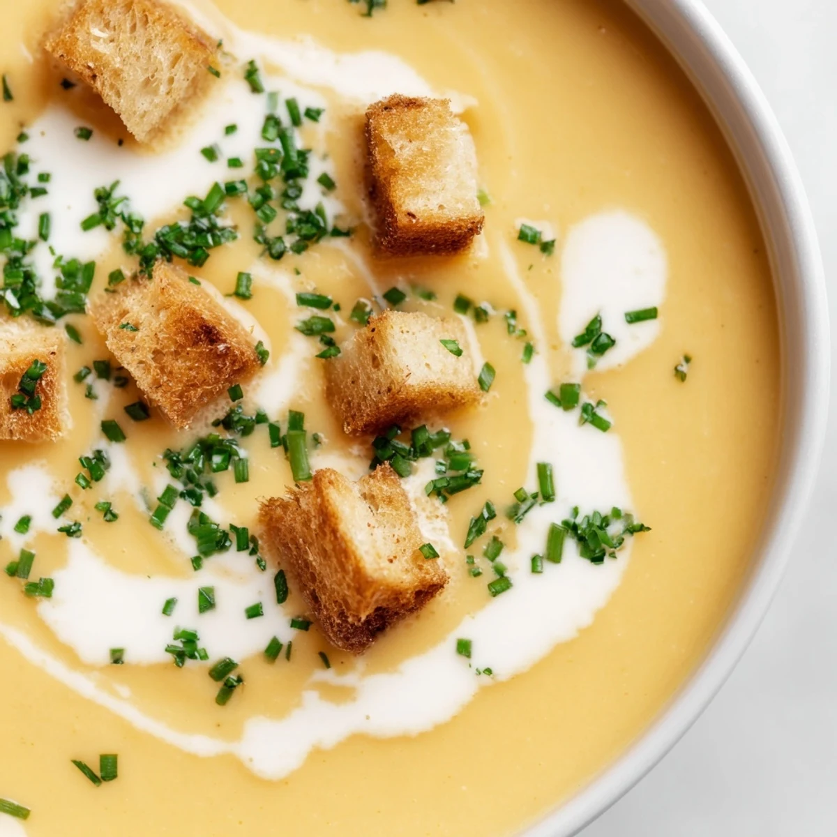 Silky smooth Creamy Soup Bowl in a white bowl, garnished with chives and a drizzle of cream.