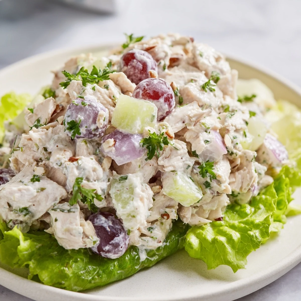 Freshly made Chicken Salad Scoop with celery and red onion, served with crackers for dipping.